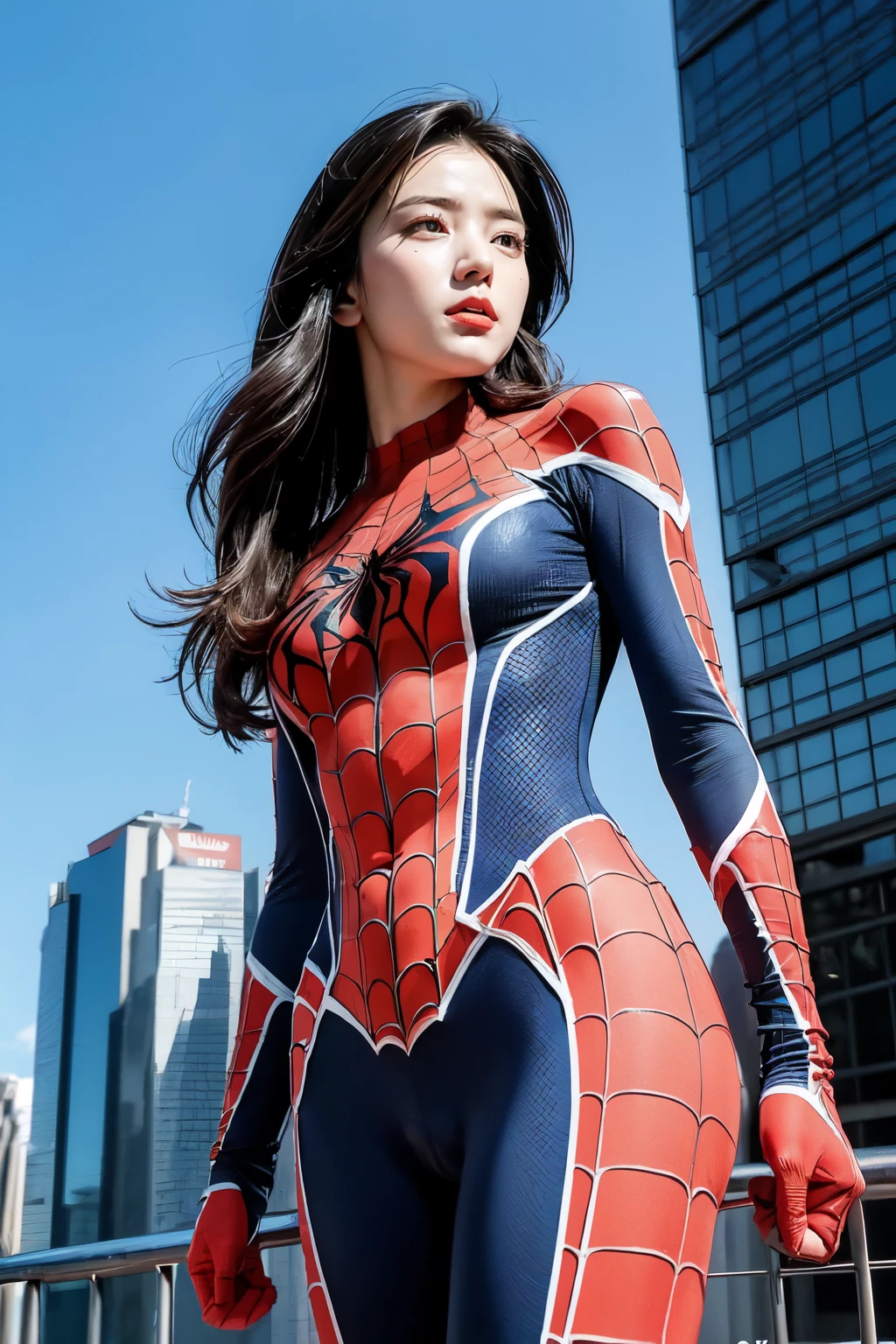 (best quality,ultra-detailed,realistic:1.37), digital illustration, (sexy woman wearing a Spiderman costume), detailed eyes and face, beautiful detailed lips, sexy body, big breasts,long eyelashes, big breasts:1.3, Close-up photo, Sexy woman wearing a Spiderman costume, long hair, ((Take a photo from below the thigh)),vibrant colors, dramatic lighting, comic book style, Sexy woman wearing a Spiderman costume, seductive pose, skyscraper background, dark sky, tall buildings