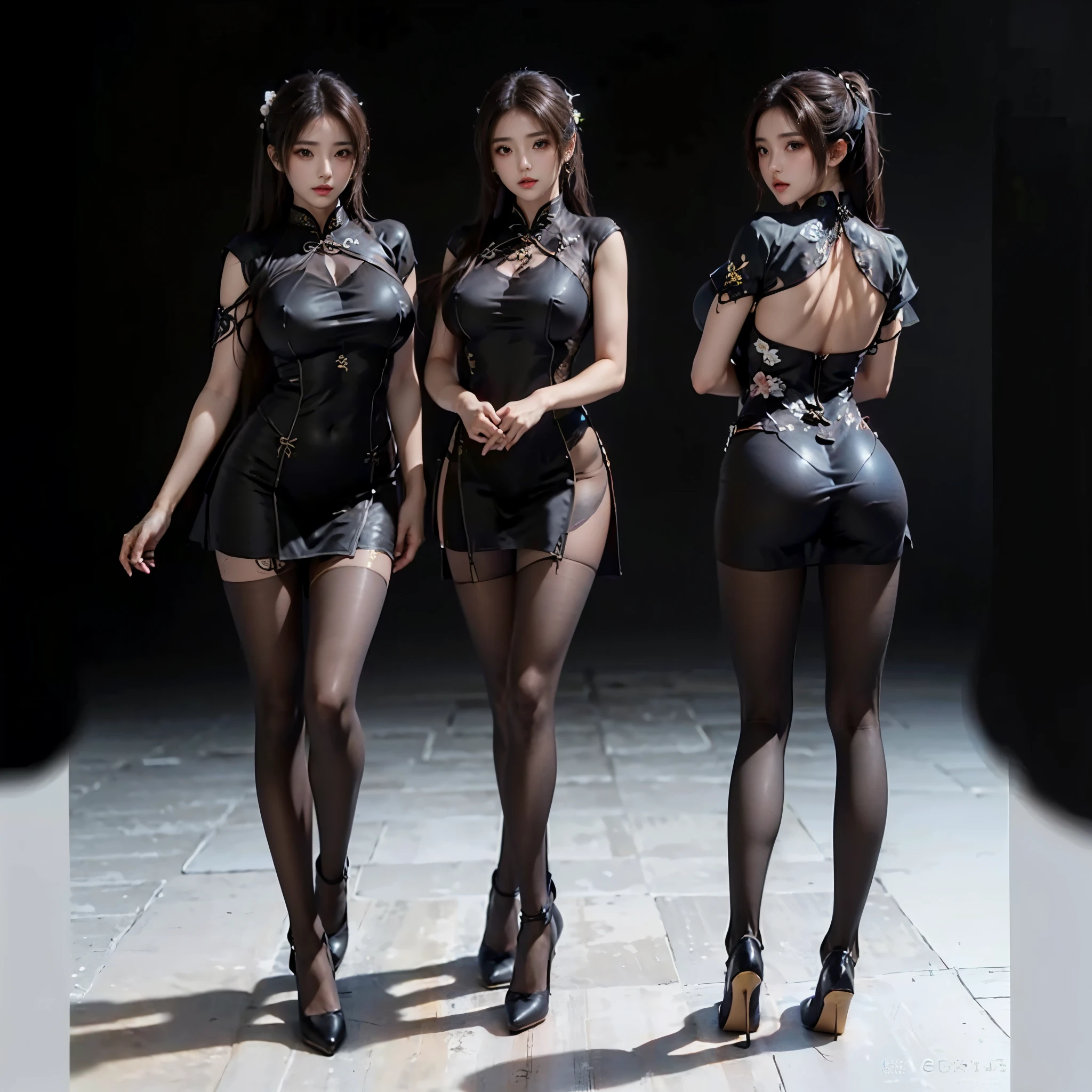 (((hand details))),((Full body image,Character setting table,Three View,front,side,back,Three girls in futuristic style、long brown hair、With a high ponytail,huge breasts,Black gauze long cheongsam,pantyhose,dynamic poses,pure white background)), tights,miniskirt,pantyhose,High heel,Walk,