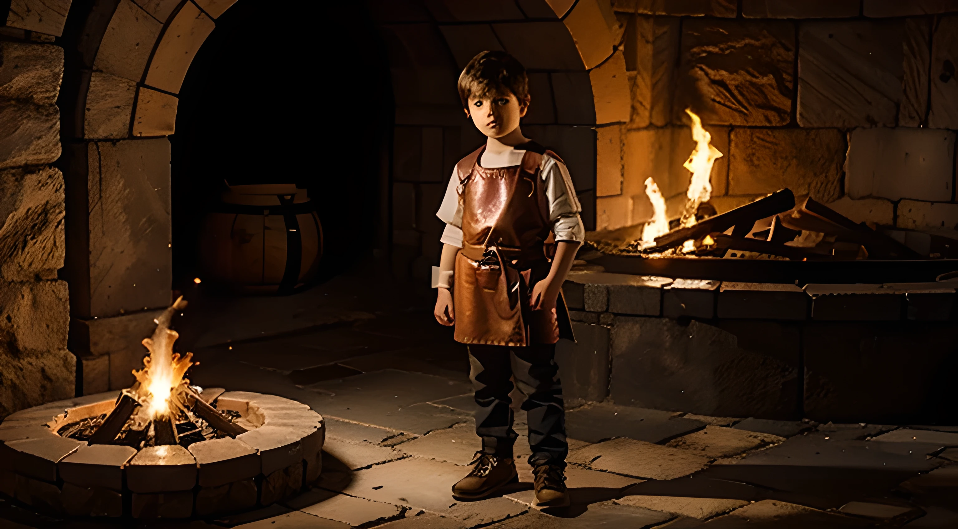 10 year old young boy in greece inside a round domed ancient architecture structure. standing next to red glowing heated charcoal furnace, short, wearing viking tunic with leather apron, photo realistic, full portrait, 8k,  simple mosaic floors, cute attractive boy next to anvil holding hammer, hd, skyrim,