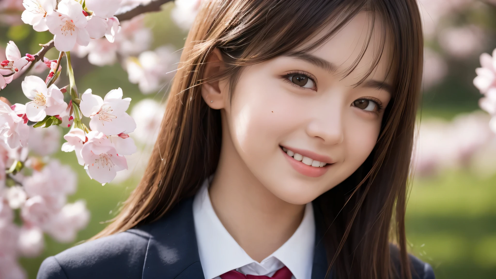 (1girl), (17yo), (young face:1.2), shy smile, (Best Quality:1.4), (Ultra-detailed), (extremely detailed beautiful face), Amazing face and eyes, brown eyes, (highly detailed Beautiful face), (high school uniform:1.2), (extremely detailed CG unified 8k wallpaper), Highly detailed, High-definition raw color photos, Professional Photography, Realistic portrait, Extremely high resolution, cute smiling, Cherry blossom trees,