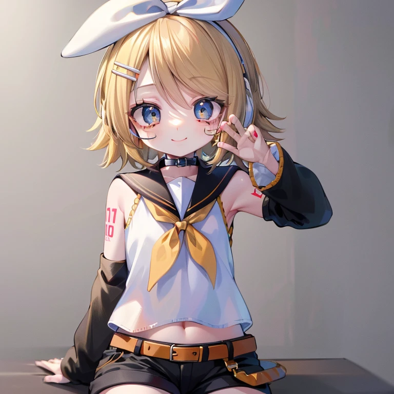 #quality(8k,best quality, masterpiece,super detailed),solo,#1 girl(cute,kawaii,,Kagamine Rin, short hair, number tattoo, bow, white shirt, detached sleeves, belt, sailor collar, headphones, shorts,black leg warmers,smile),#background(music notes ,simple,),(Anatomically correct human body)