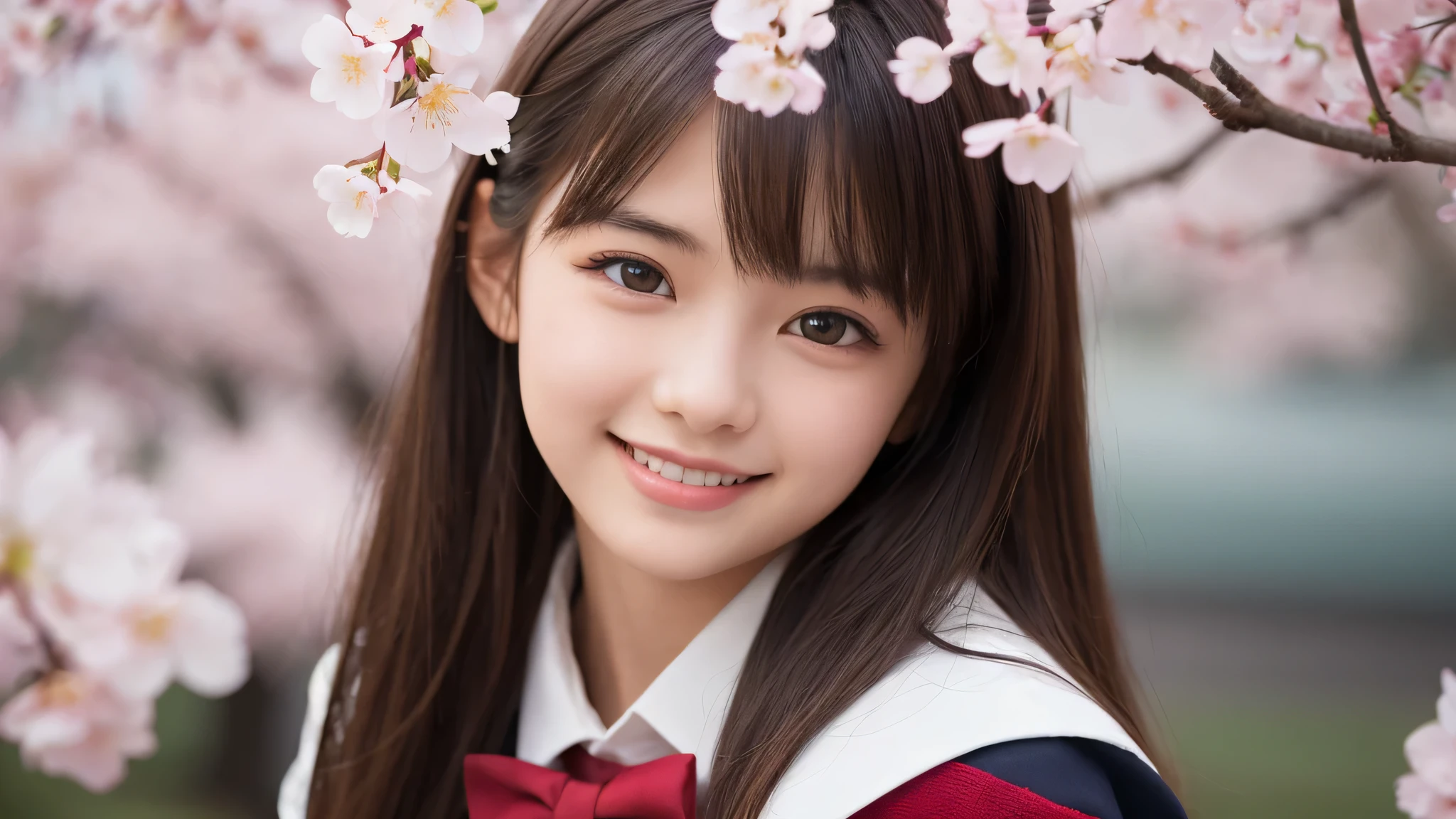 (1girl), (17yo), (young face:1.2), shy smile, (Best Quality:1.4), (Ultra-detailed), (extremely detailed beautiful face), Amazing face and eyes, brown eyes, (highly detailed Beautiful face), (high school uniform:1.2), (extremely detailed CG unified 8k wallpaper), Highly detailed, High-definition raw color photos, Professional Photography, Realistic portrait, Extremely high resolution, cute smiling, Cherry blossom trees,