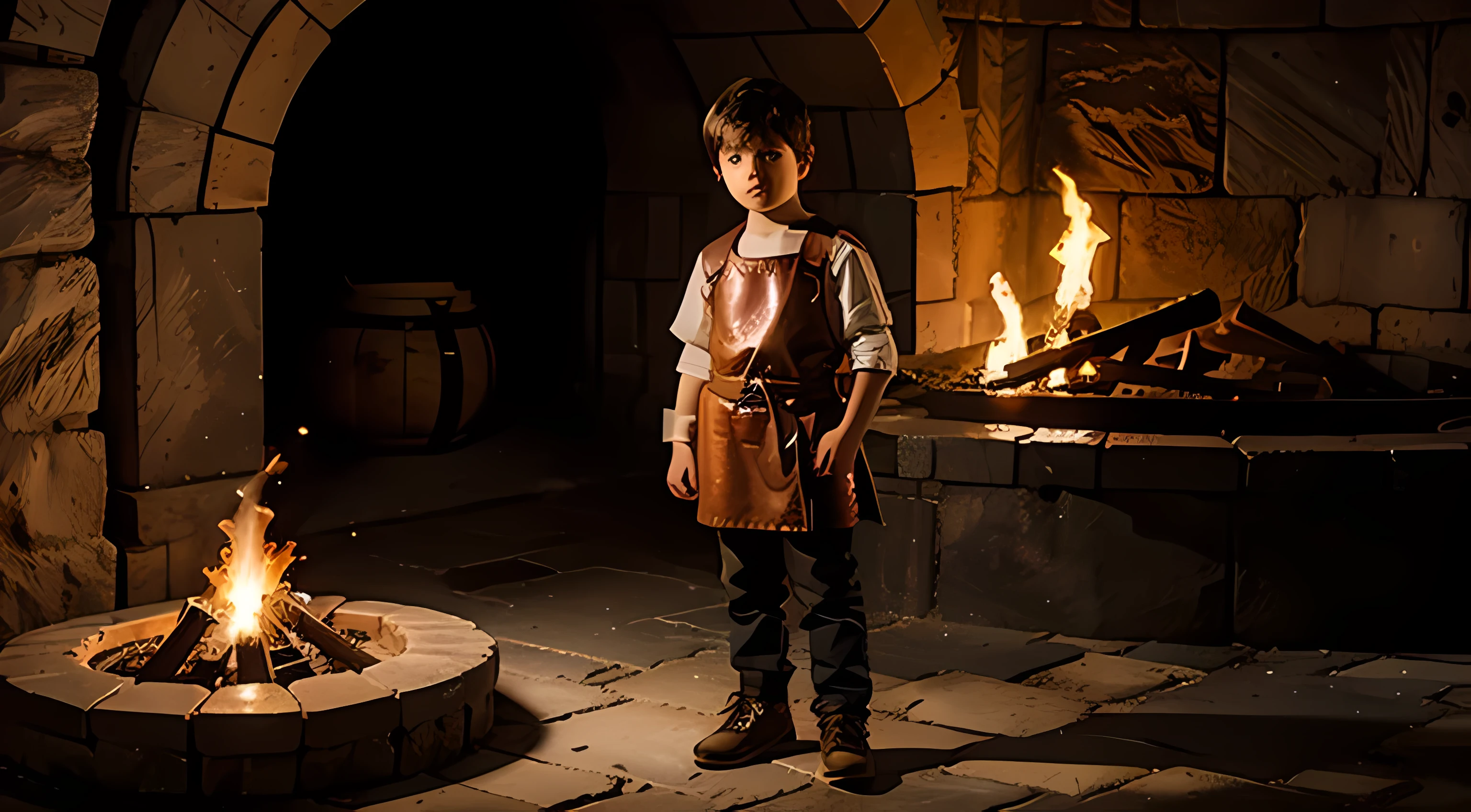 10 year old young boy in greece inside a round domed ancient architecture structure. standing next to red glowing heated charcoal furnace, short, wearing viking tunic with leather apron, photo realistic, full portrait, 8k,  simple mosaic floors, cute attractive boy next to anvil holding hammer, hd, skyrim,