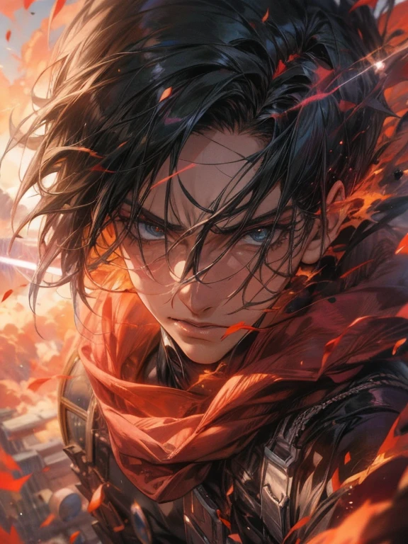 L'attaque des Titans,Levi Ackerman and Gojo Satoru, Pose dynamique,a rocket of fire'entourant