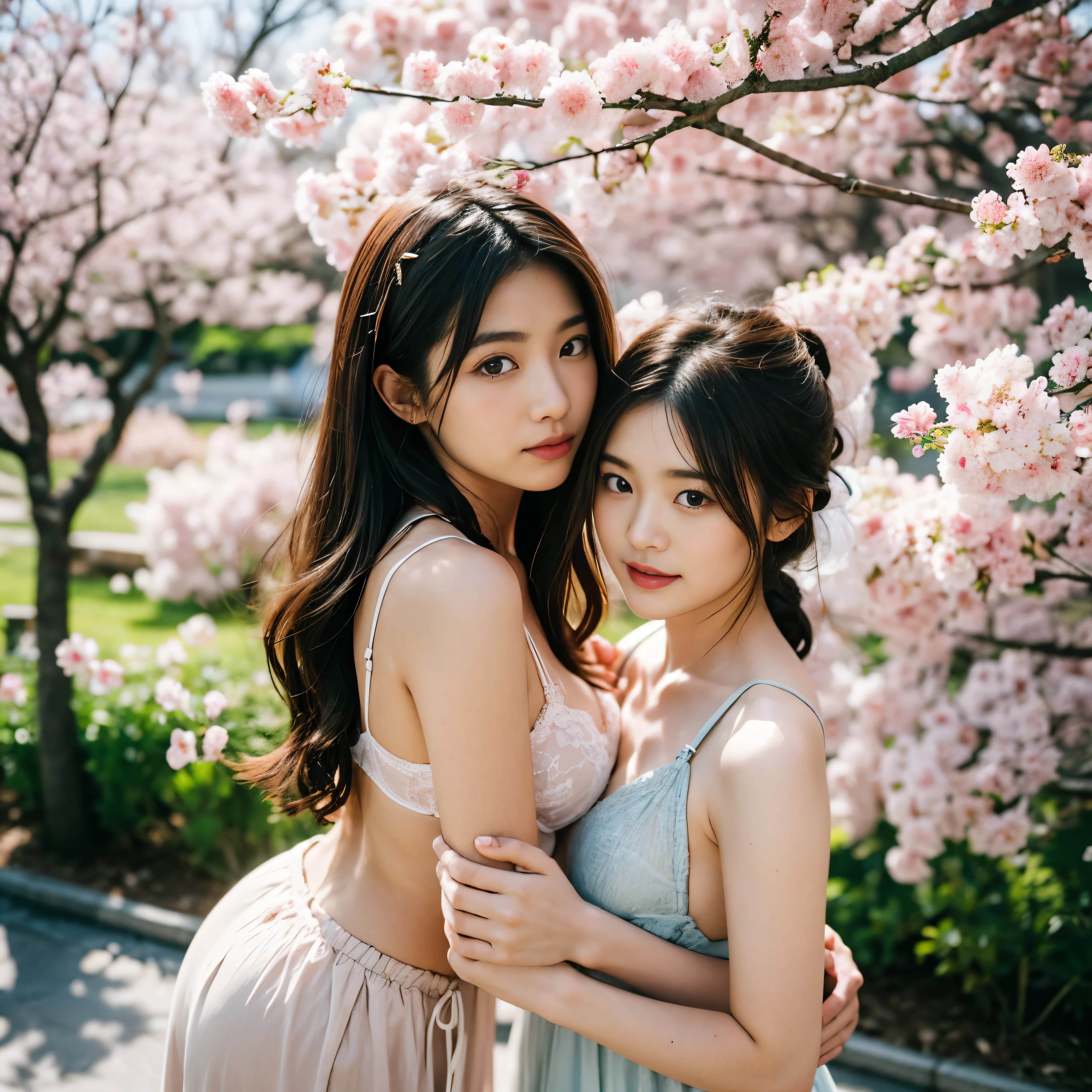A young and beautiful Japanese woman、18-year-old、fine-textured skin、perfect proportions、hair tied together、hairpin、hair ornaments、Stunning lingerie、looking at the camera、Cherry blossoms in Korakuen, Okayama Prefecture、Cherry tree in full bloom、stunning cherry blossoms