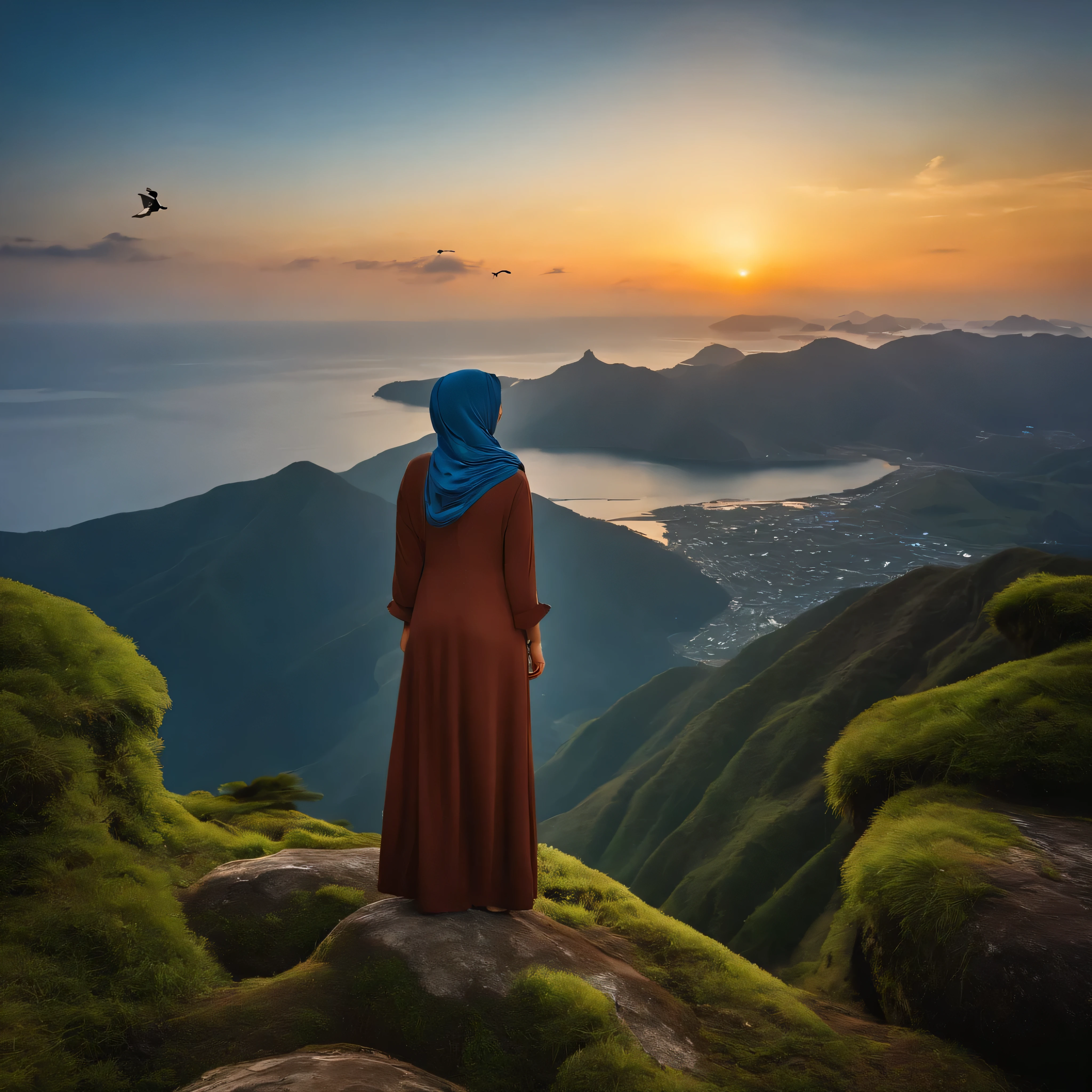 A beautiful 20-year-old Indonesian woman wearing a hijab standing on a moss rock at the top of a mountain looked smiling sweetly against the backdrop of a vast blue sea far away, birds flying in clusters, in the distance, distant clouds penetrating the golden sundown. shot with a 360 degree circle. with the world's best Fisheye Lens Camera Angle Photography. taken with the best Leica APO-Telyt-R 1:4/1600 lens, realistic, sharp, clear,