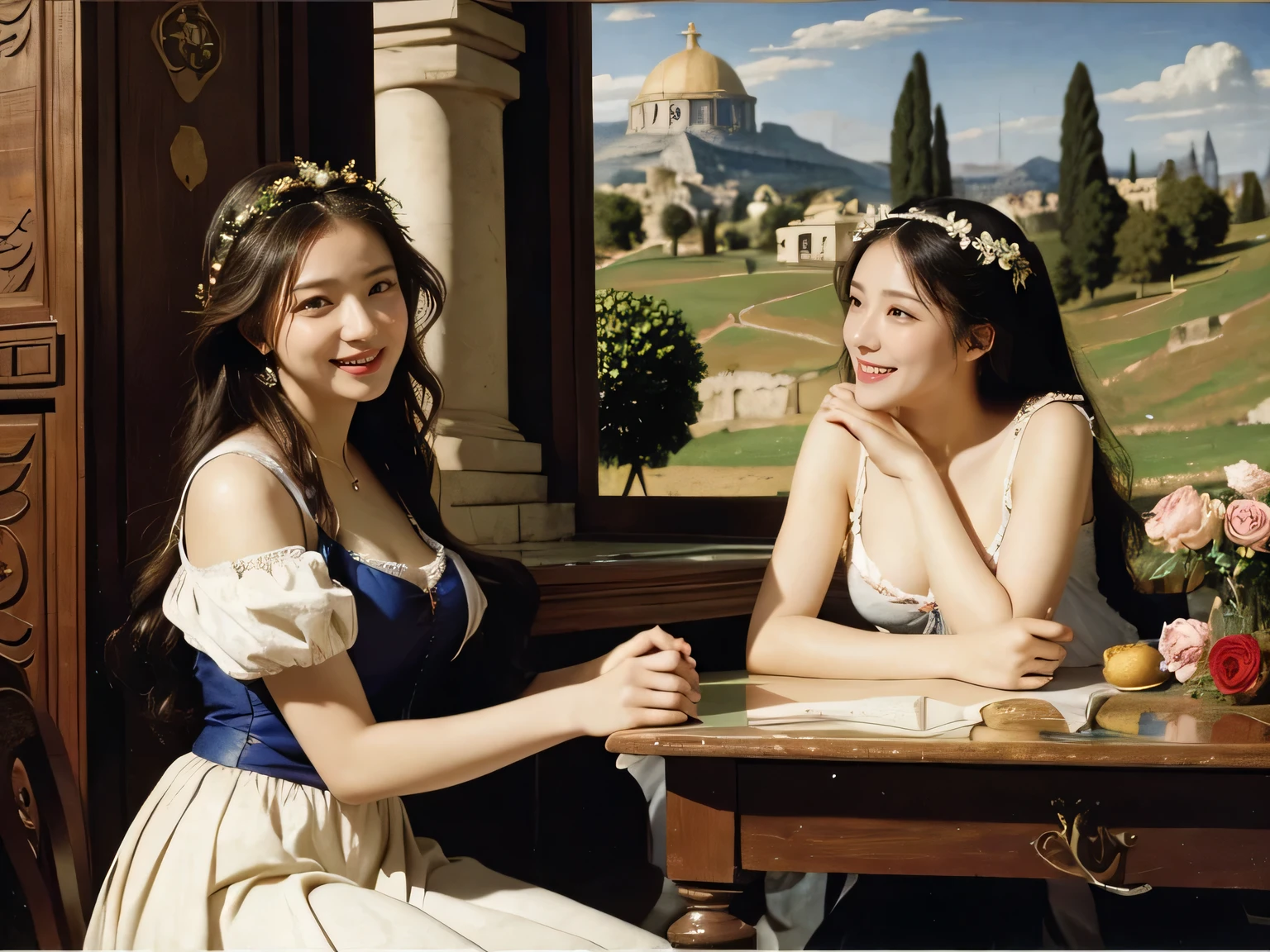 Giorgione painting style,Arguments of two female Philosophe,math、astronomical machine、astronaut、roses in vase、fruits、Cute trinkets、smile、ancient greek costume、Ancient Roman landscape in the style of Nicolas Poussin,laughter,,Sweet and seductive appearance.、Caravaggio's paintings、Chiaroscuro of Caravaggio、hair tousled by the wind,Two women frolicking,cute smile, expression of ecstasy,Sexy,erotic