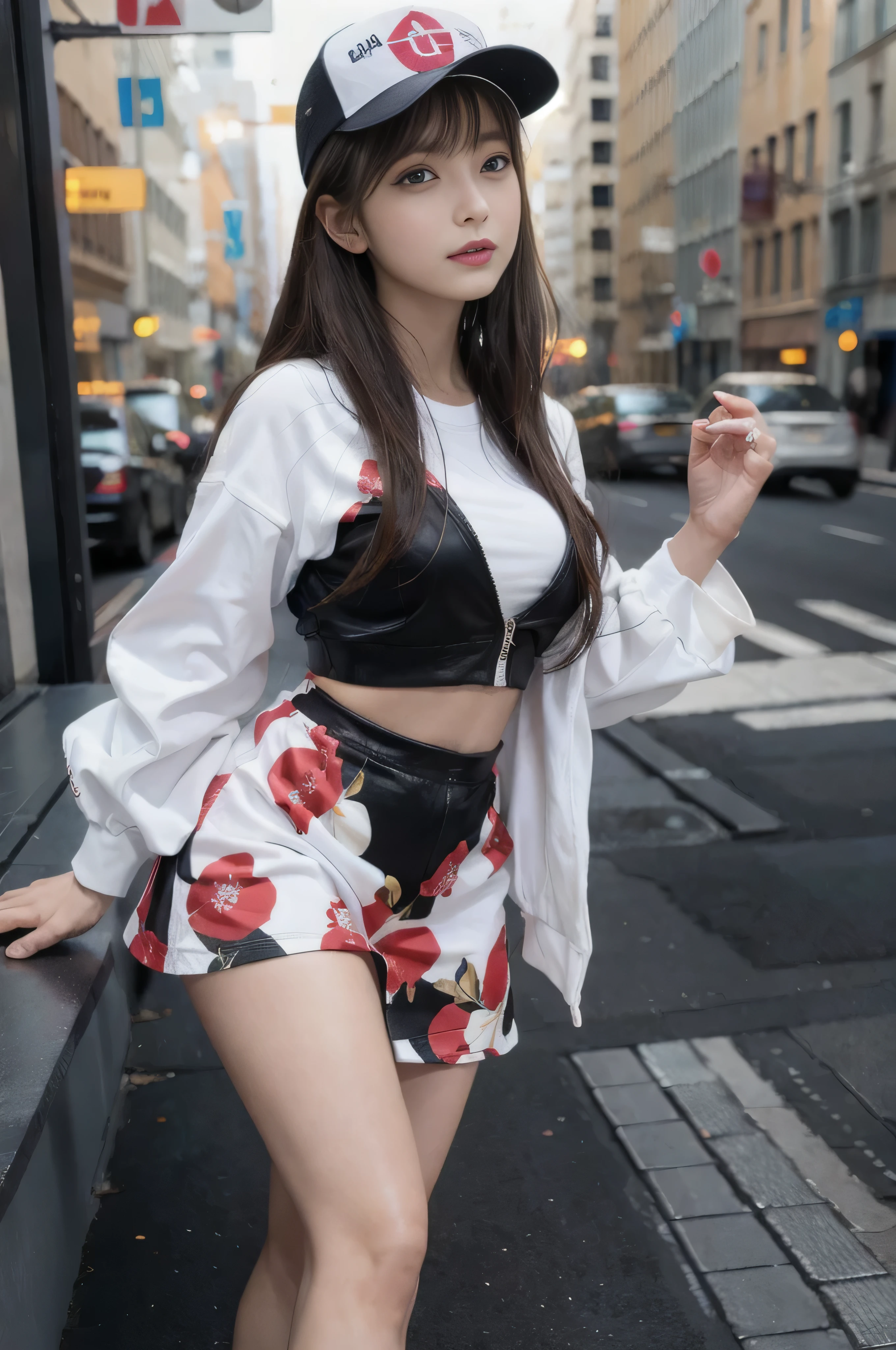 (((RAW image quality:1.4))), highest quality, ultra high resolution, (realistic: 1.4), Wearing a long-sleeved dress with a spring-like floral pattern and sneakers、photo of active teenager, medium size breasts, full body photo, baseball cap, random pose、