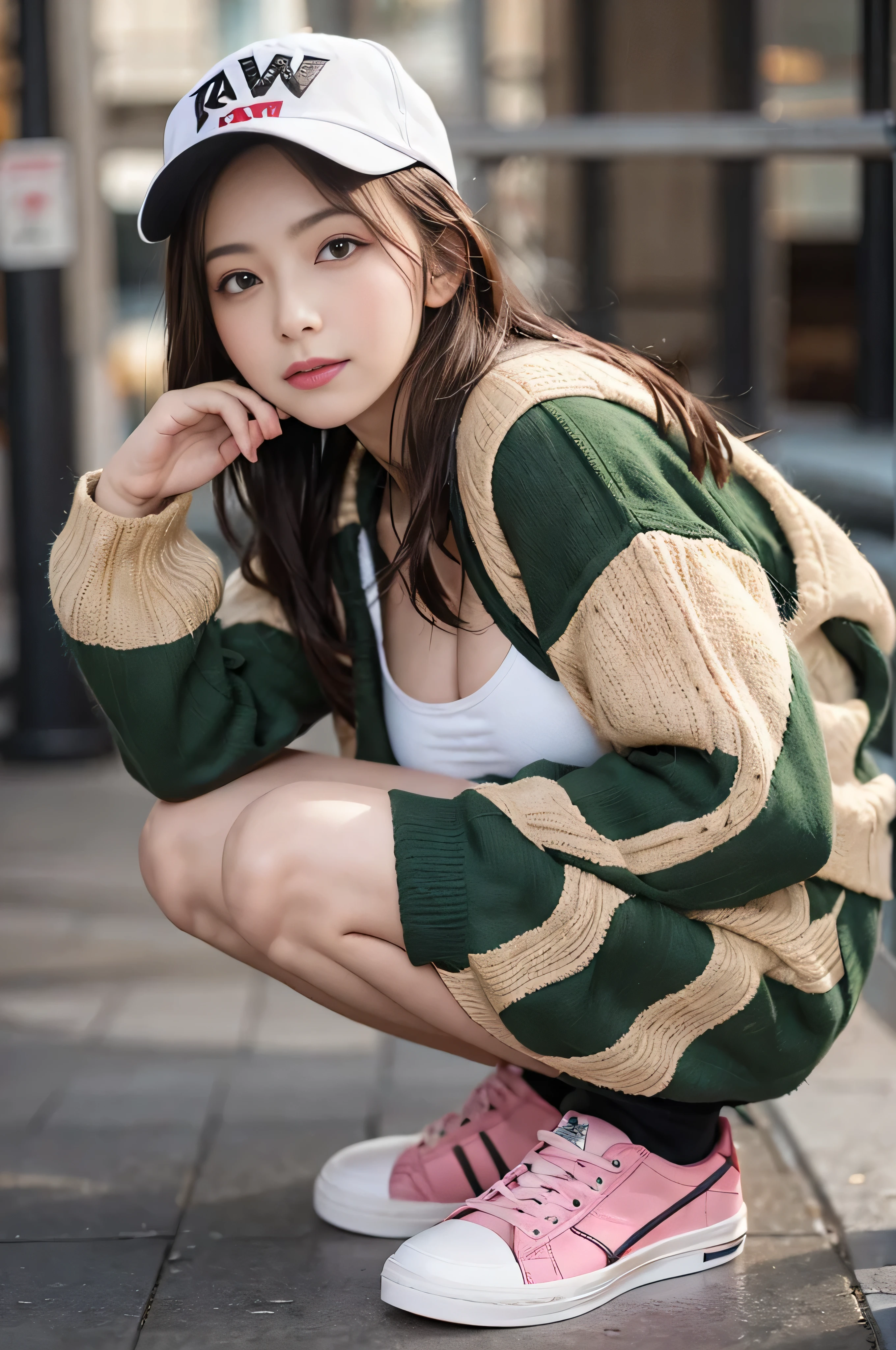 (((RAW image quality:1.4))), highest quality, ultra high resolution, (realistic: 1.4), Wearing a long-sleeved dress with a spring-like floral pattern and sneakers、photo of active teenager, medium size breasts, full body photo, baseball cap, random pose、