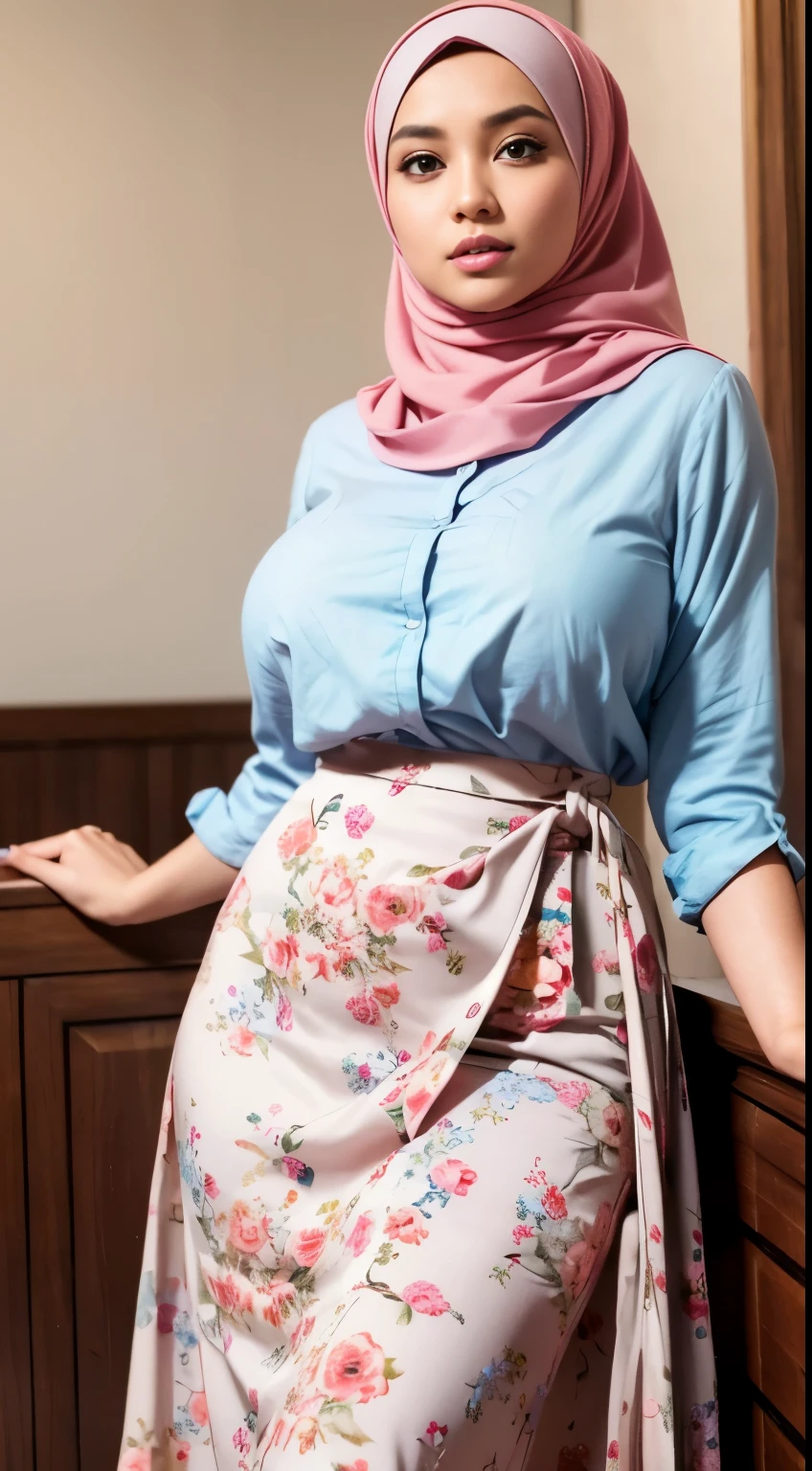 ( Close Up),RAW, Best quality, high resolution, masterpiece: 1.3), beautiful Malay woman in hijab,Masterpiece, perfect fit body, (big breast),big gorgeous eyes, Soft smile,thick thighs, beutifull face, woman in a floral skirt and blue shirt posing for a picture, feminine in cute pastel shades, feminine in pastel shades, wearing a long flowery dress, wearing beautiful clothes, very beautiful style, dressed in long fluent skirt, very beautiful masterpiece, beautiful masterpiece, beautiful clothes, floral clothes, long skirt, hijab  , Excellent lighting, Bright colors, Clean lines