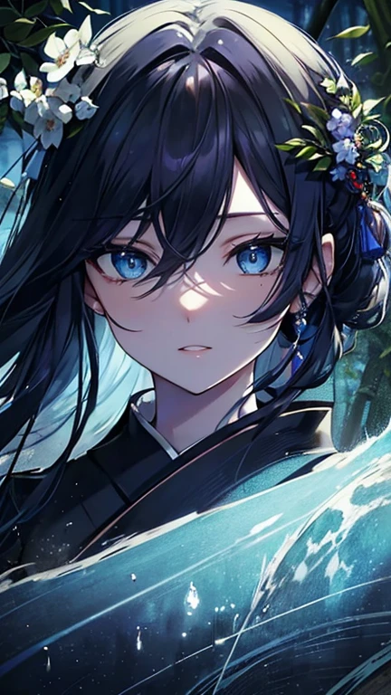 (masterpiece,highest quality,Super detailed),1 girl, Black and navy blue hair,Beautiful and dense face, fine eyes,looking at the viewer, smile,blue eyes,((gray theme),pale skin,japanese kimono, shining eyes,((night)),dark environment, (((fresco,fresh picture))),in the forest,