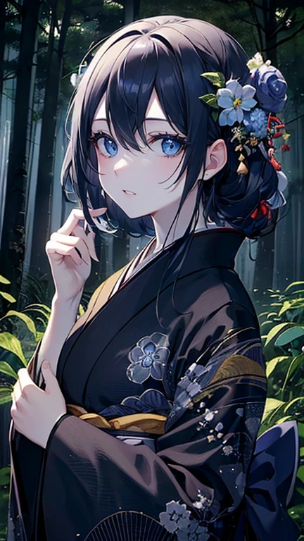 (masterpiece,highest quality,Super detailed),1 girl, Black and navy blue hair,Beautiful and dense face, fine eyes,looking at the viewer, smile,blue eyes,((gray theme),pale skin,japanese kimono, shining eyes,((night)),dark environment, (((fresco,fresh picture))),in the forest,