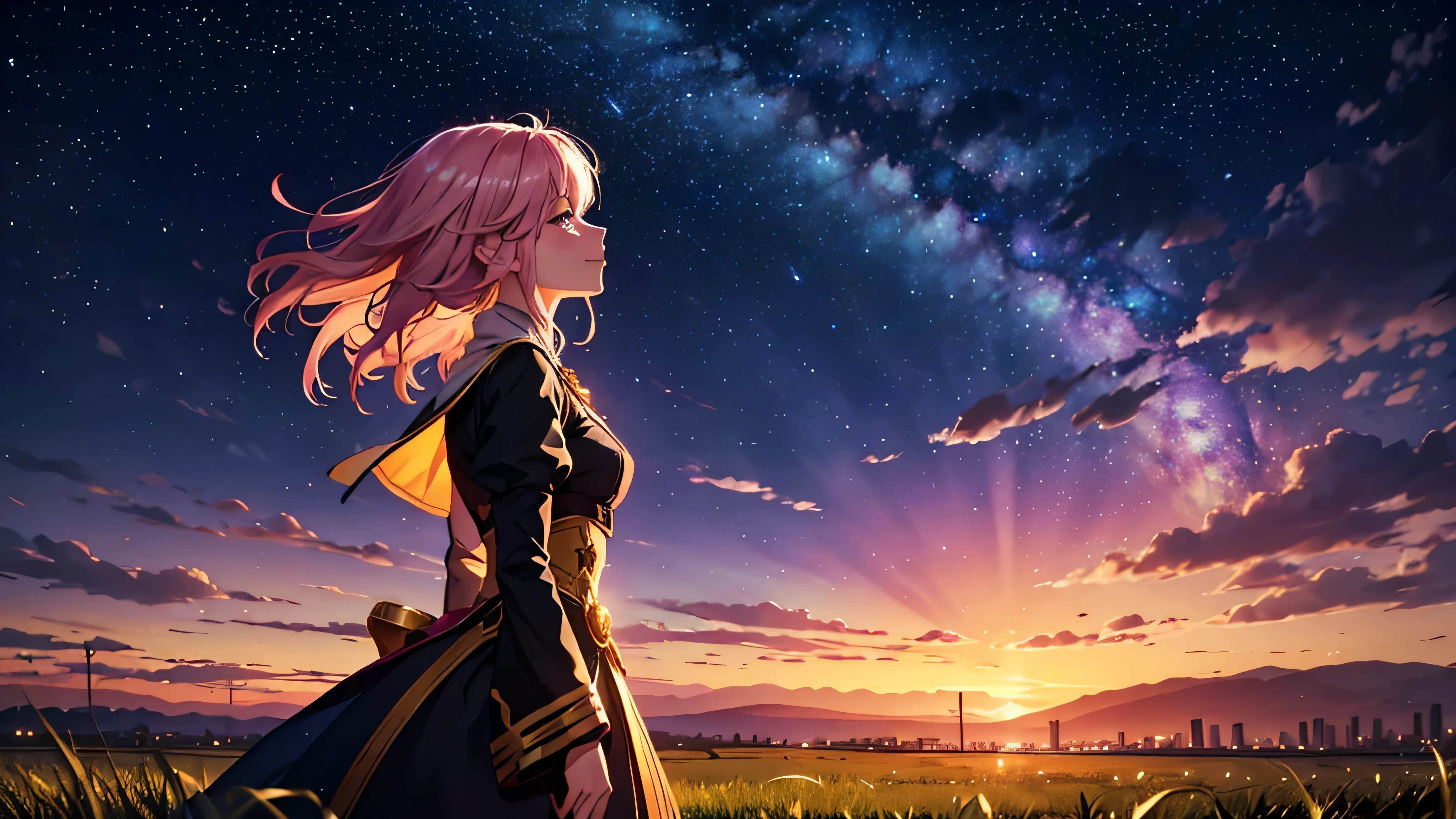 Generate an image of a smiling girl looking up at the sky from a side profile. She is dressed in an outfit inspired by an alchemist, with hair that falls to her neck, featuring gold and pink highlights. The background features a grassy field with distant city lights. It's nighttime with a sky full of shining stars. The atmosphere should be fantastical, and the shot should be a bust-up.