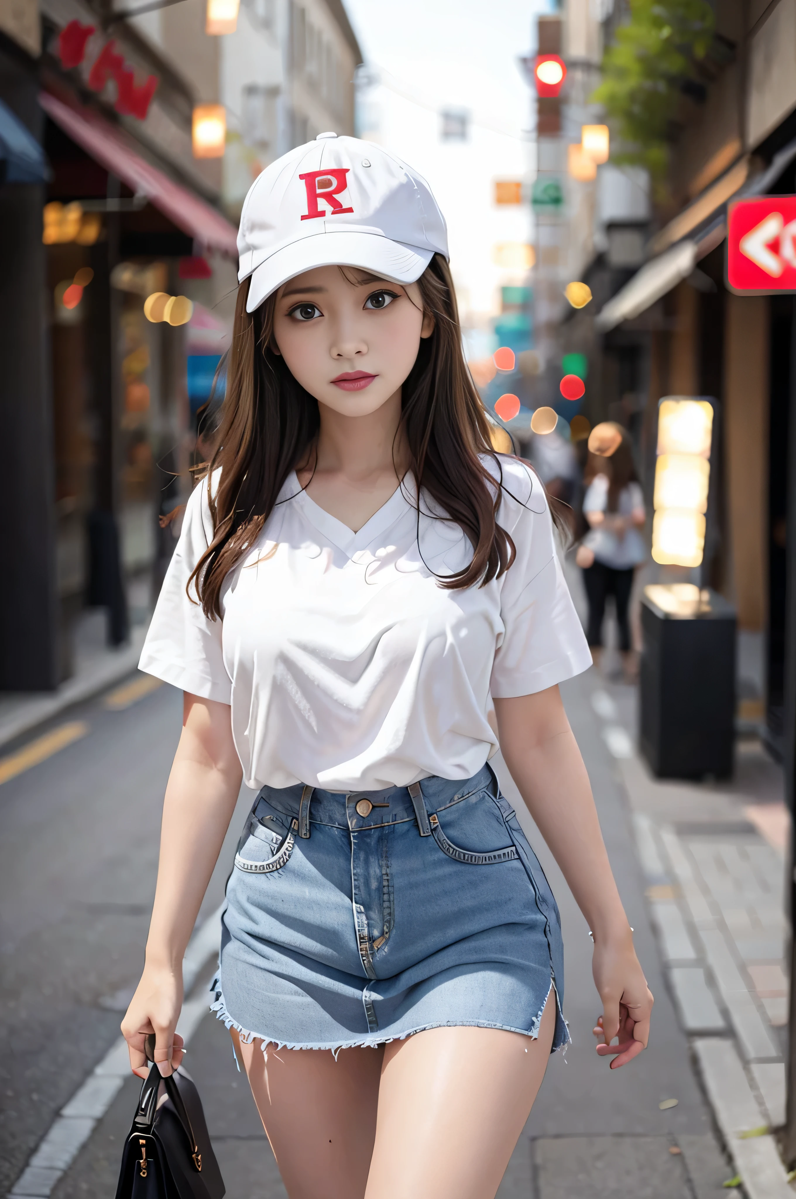 (((RAW image quality:1.4))), highest quality, ultra high resolution, (realistic: 1.4), Photo of a ager wearing a linen blouse and denim skirt walking down the street, medium size breasts, full body photo, baseball cap, random pose、