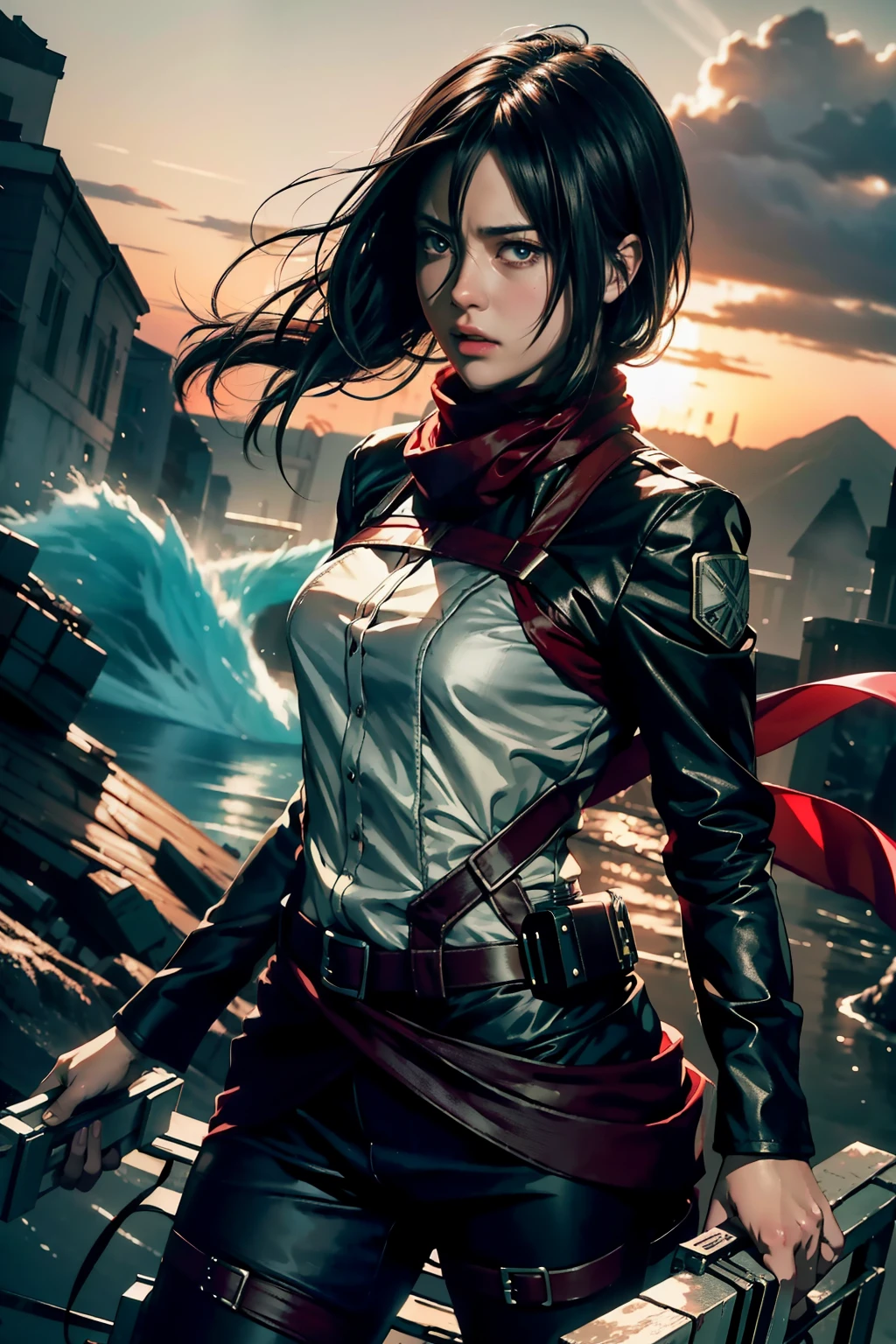 Mikasa Ackerman, female action anime girl, terrible posture, Attack on Titan, A scene from《Attack on Titan》, anime female characters, female protagonist 👀 :8, Fubuki, rogue anime girl, anime figures, (Attack on Titanアニメ), female protagonist, trigger anime art style，1 girl， dynamic angle， splash art， [（Art: Art: Art. Art.：0.7）|The art of Lyubov Popova]， Rendering with Octane， Full shot of an attractive Amish man weaving silk， cell shadow， velvet， ribbon， official art， Unity 8k wallpaper， super detailed， aestheticaster piece， best quality， realistic