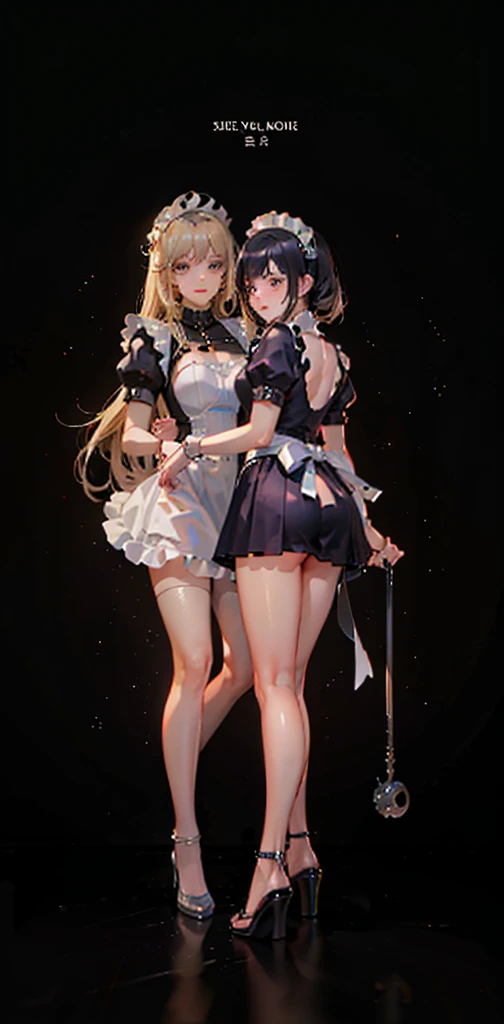 ((White background)) 1mother with daughter showing her asses,barefeet, cute, ((Short black hair girl and long blonde hair girl)), maid victorian, maid apron, straight face, dazed, Body position: Standing, straight, symmetrical, barefoot, smile face, lustful smirking smile face red blushed re cheeks