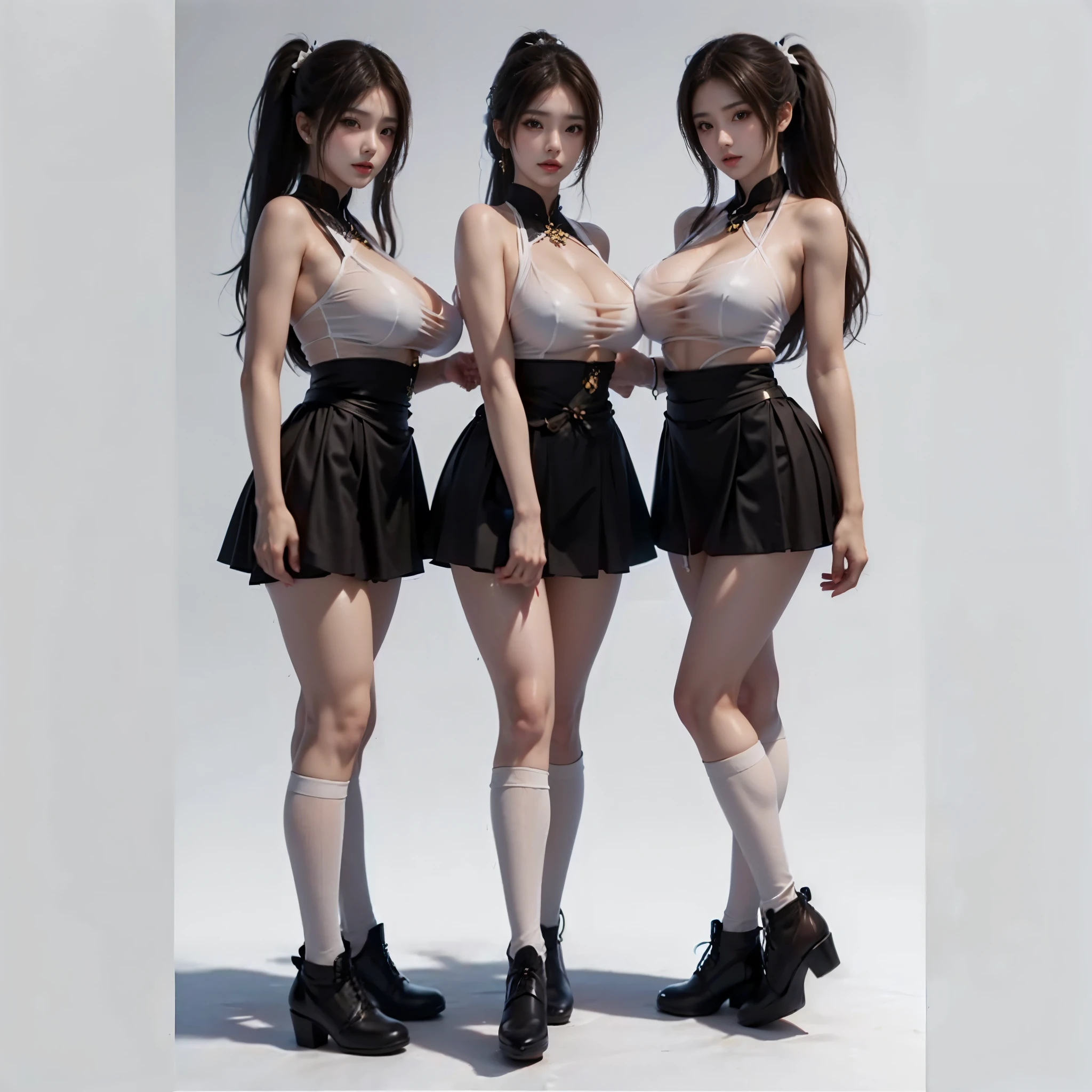 (((hand details))),((Full body image，Character setting table，Three View，front，side，back，Three girls in futuristic style、long brown hair、With a high ponytail，huge breasts，绿色塑料质感的tights和miniskirt，Sling socks，dynamic poses，pure white background)), tights，miniskirt，Sling socks，High heel，Walk，