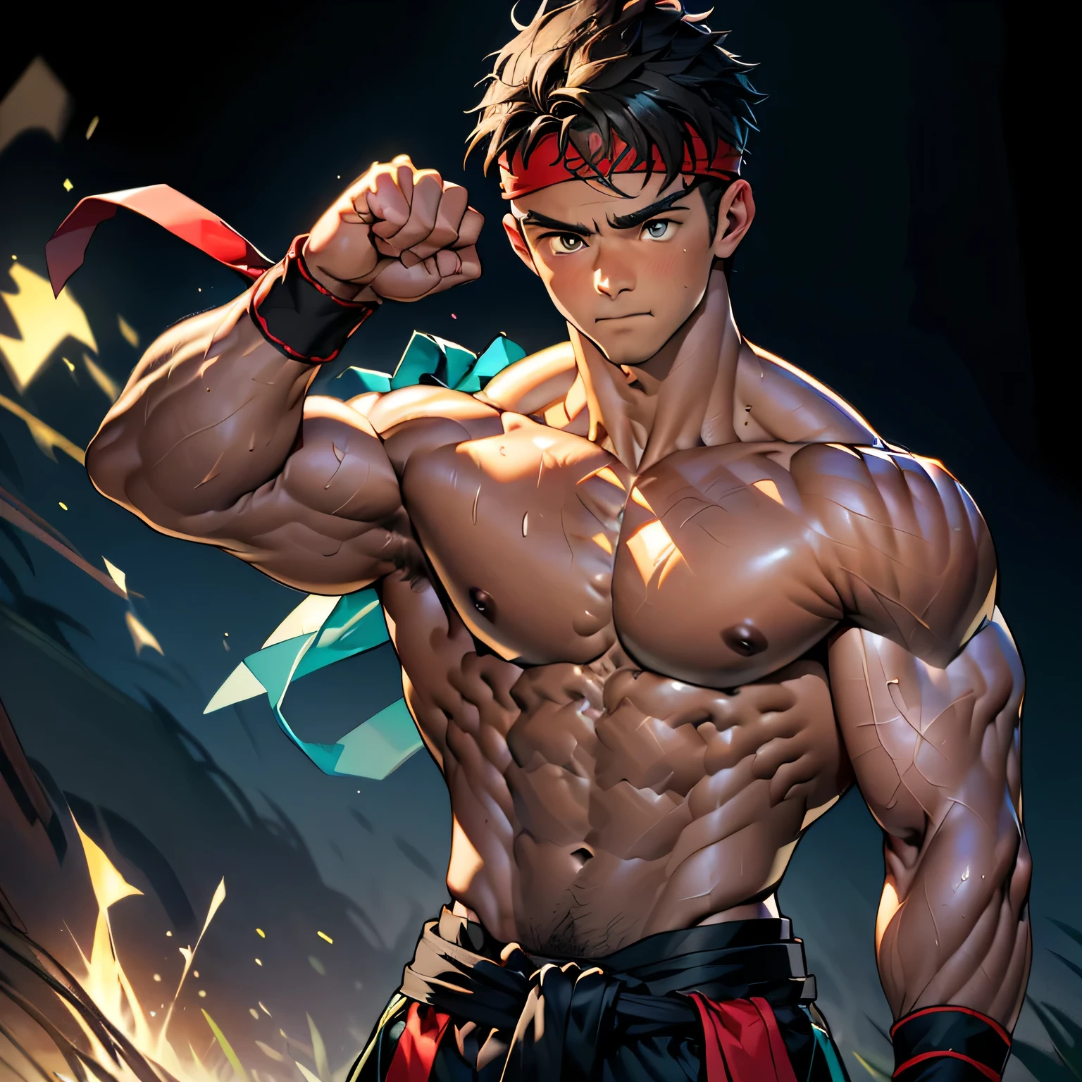 (Masterpiece, Best quality 19 year old boy, simple background, cowboy shot), solo, Young, boy, muscler, Shirtless, topless, (Dark Short straight hair, under cut, brown eyes), (red headband, ((black wristband, weist sash))), Vivid colors, (hot Abs:1.2, abs!, big abs, big breast:1.2, chest!, muscler upper arms, mighty fist), (topless male), closed mouth, serious, muscler!, muscler body, Man with martial arts stance, (aura power:1.4), detailed face, detailed muscle, (((A magical turquoise mystical aura graces his upper body, random fighting pose)))