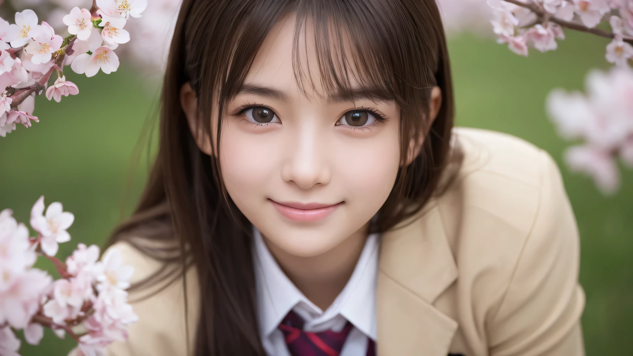 (1girl), (17yo), (young face:1.2), shy smile, (Best Quality:1.4), (Ultra-detailed), (extremely detailed beautiful face), Amazing face and eyes, brown eyes, (highly detailed Beautiful face), (high school uniform:1.2), (extremely detailed CG unified 8k wallpaper), Highly detailed, High-definition raw color photos, Professional Photography, Realistic portrait, Extremely high resolution, cute smiling, Cherry blossom trees,