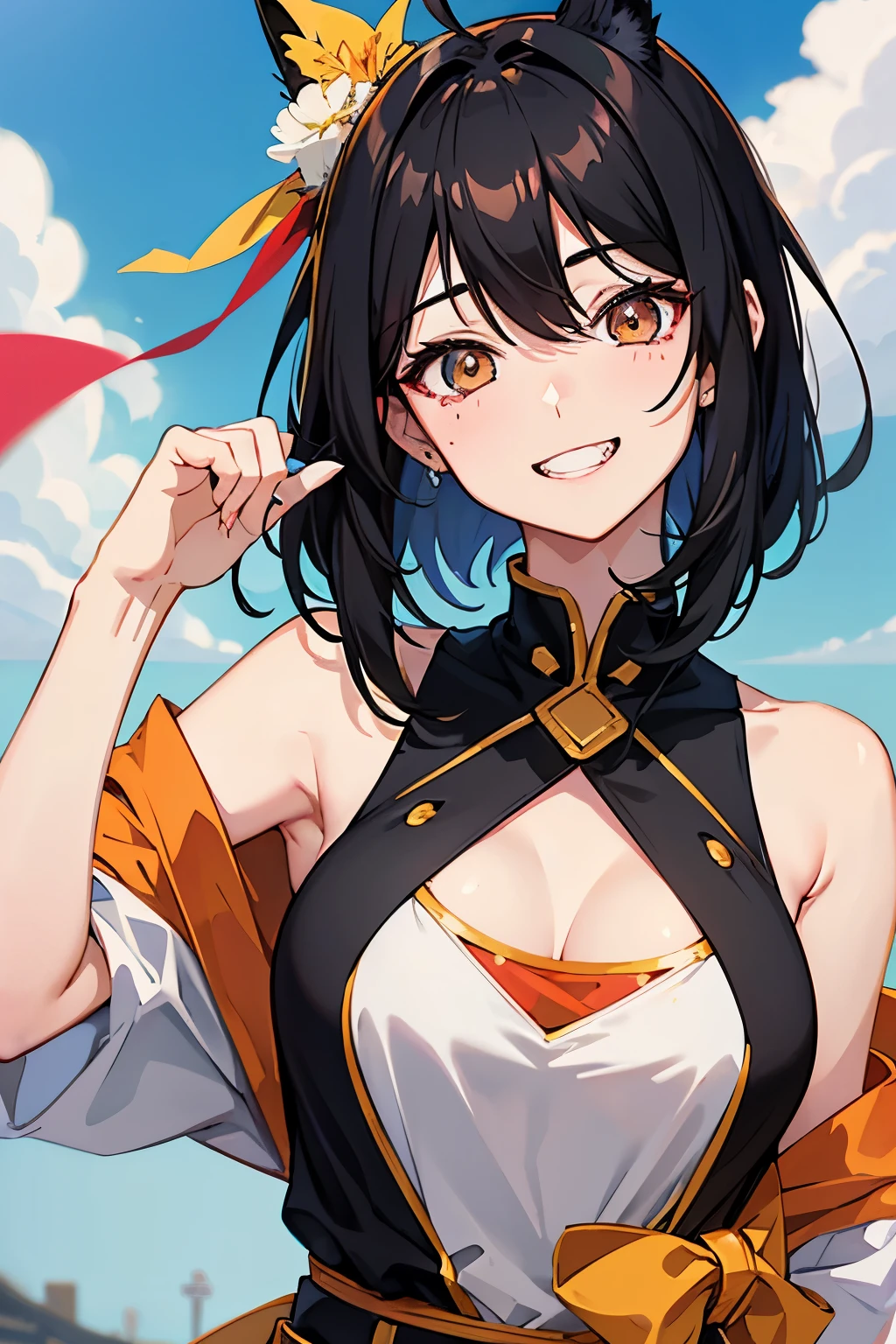 black hair, ahoge, hair behind ear, asymmetrical hair, mole under mouth, amber eyes, grin, anime, anime style, Fujicolor, anaglyph, high details, high quality，A sunny and cheerful girl is celebrating her birthday，Half-length photo