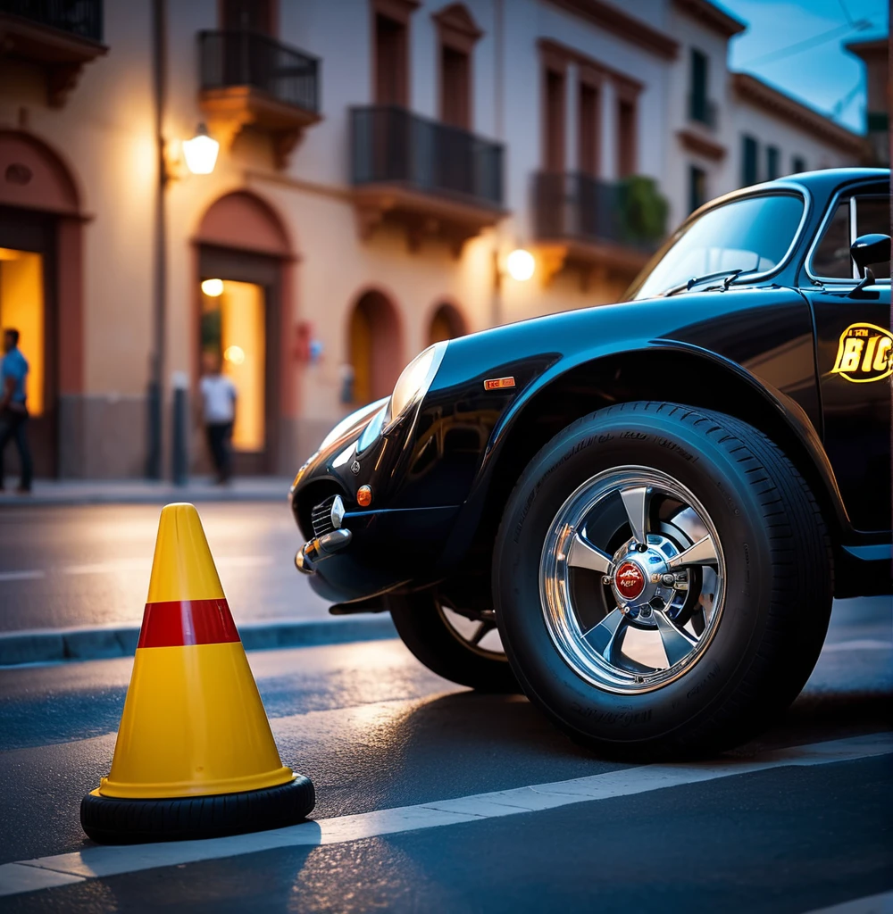 cinematic photo cinematic movie still black tires,eyes,Lightning_mcqueen,Boca,coche de carreras,Breed Decals,racing tires,carro amarillo,Pegatinas,dientes,en verano,ciudad, anochecer,ciudadscape,calle,centro,acera,camino_firmar,camino,traffic_cone,Poste de luz,multitud,barandilla,de_side, . poca profundidad de campo, viñeta, muy detallado, movie de Hollywood de alto presupuesto., bokeh, cinemascope, feliz, epic, Gorgeous, movie grain, granoso . 35mm photography, movie, bokeh, profesional, 4k, muy detallado, con luces encendidas