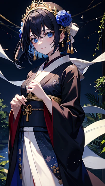 (masterpiece,highest quality,Super detailed),1 girl, Black and navy blue hair,Beautiful and dense face, fine eyes,looking at the viewer, smile,great joy,blue eyes,((gray theme),pale skin,japanese kimono, shining eyes,((night)),dark environment, (((fresco,fresh picture))),in the forest,