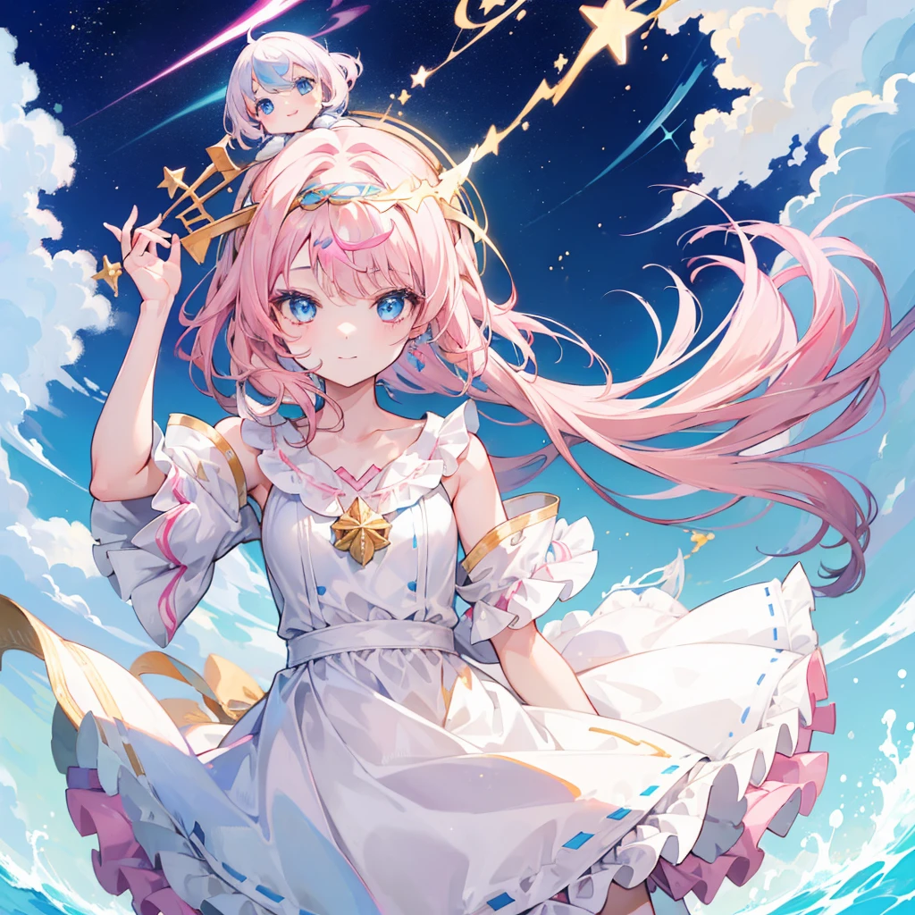 (((1 girl))), colorful beige hair strokes, shiny hair、pink and light blue inner color、shortcut、light blue eyes, cute clothes、(((((put something on your head)))))、Show your side、 smile、lots of details, Medium chest, look at the audience, under the starry sea、
