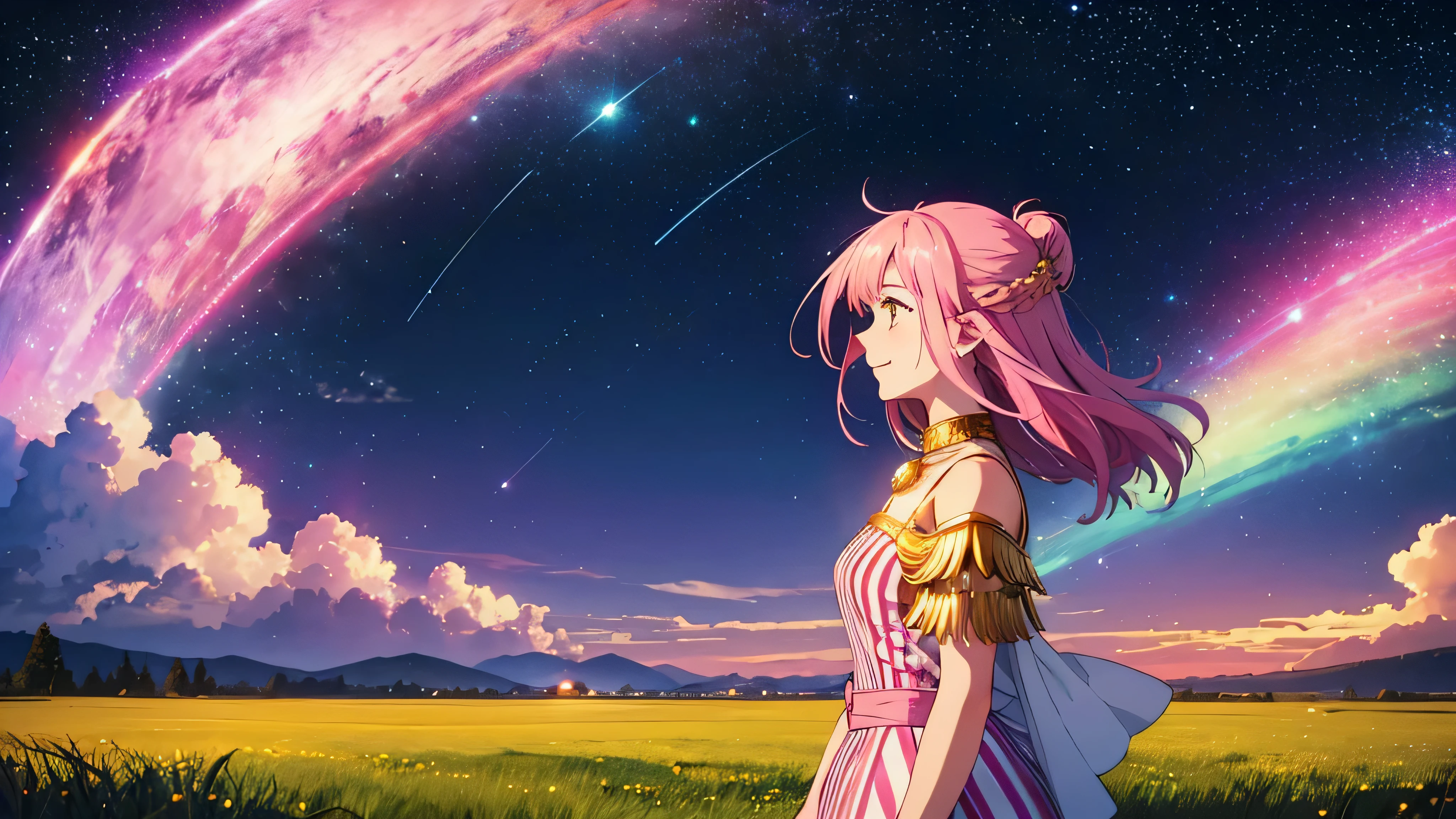 Generate an image of a smiling girl looking up at the sky from a side profile. It's late at night, and the atmosphere is filled with shining stars. She is dressed in an outfit inspired by gemstones, with hair that falls to her neck featuring stripes of gold and pink. The background features a grassy field with distant town lights. The atmosphere should be fantastical, and the shot should be a bust-up.