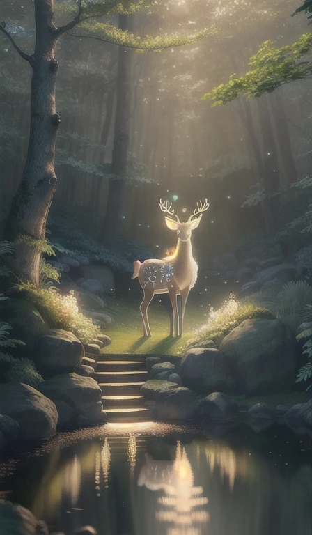masterpiece, best quality, (Very detailed CG unified 8k wallpaper), (best quality), (Best Illustration), (best shade), glow elf, and a glowing deer, drinking water in swimming pool, nature元素 in the forest theme. mysterious forest, beautiful forest, nature, surrounded by flowers, delicate foliage and branches surrounded by firefly (nature元素), (jungle theme), (foliage), (branches), (firefly), (particle effect) ETC. 3d , octane rendering, Ray tracing, super detailed