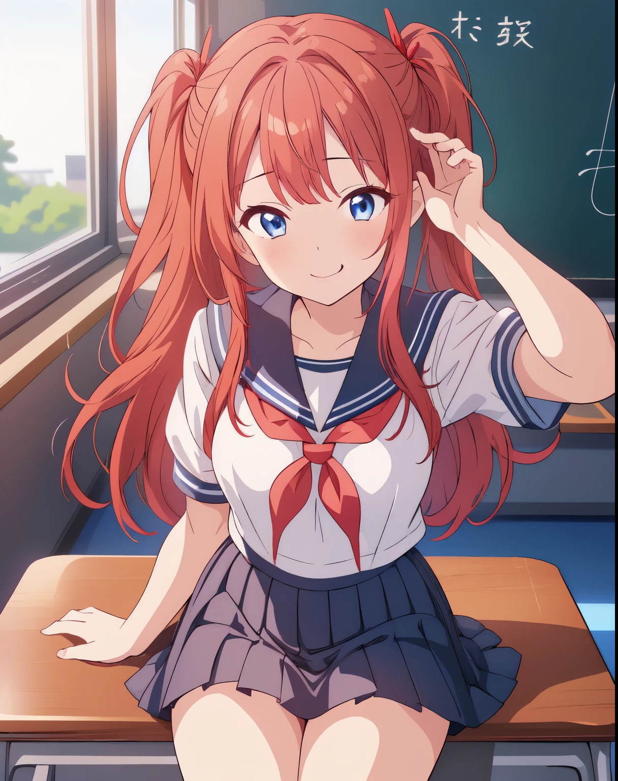 (8k, best quality, masterpiece:1.2),(best quality:1.0), (ultra highres:1.0), 1girl, winking, looking at viewer, anime, sitting, hands on school desk, japanese high school, sailor uniform, red hair, long hair, blue eyes, empty classroom, blurry background, blackboard background, clean blackboard