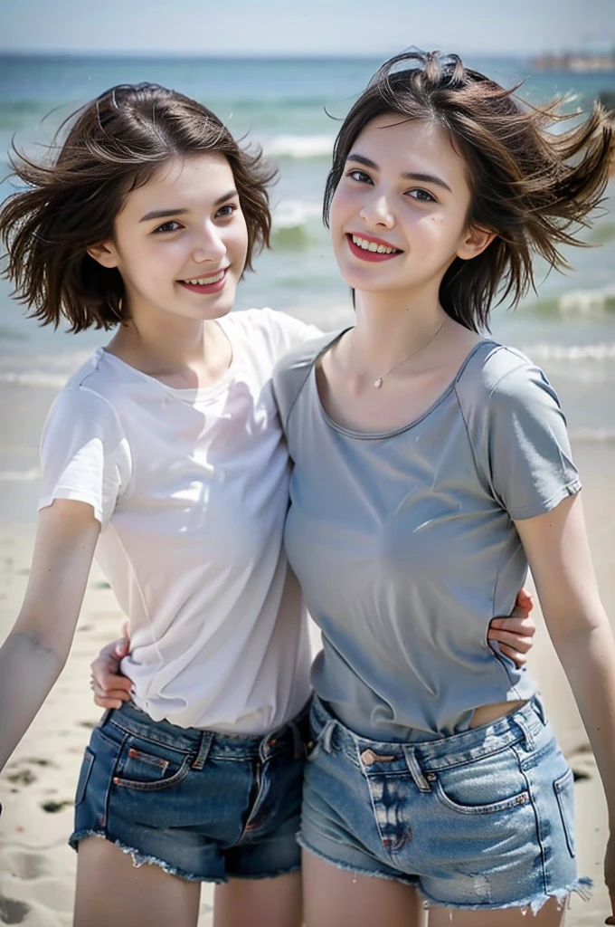 Two women taking a photo,Travel abroad,looking at the camera,smile,Beach,Clear skies,Great fun,Make noise,LOL,(Highest quality:1.4),(masterpiece:1.4),(Realistic:1.4),(Realistic:1.2),(超High resolution, RAW Photos:1.4),(High resolution, Super detailed:1.2),(8K:1.2)