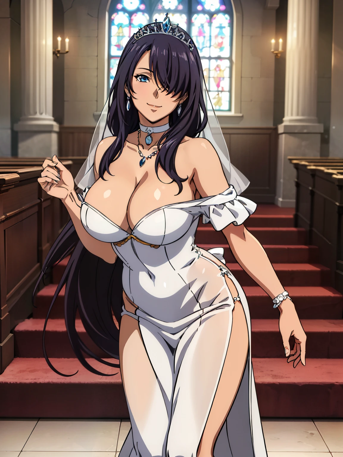 Off-the-shoulder white wedding dress, Snow White Veil, choker, silver tiara, necklace, earrings, church background, kanu unchou, anime cels style, best quality, high resolution, 1girl, (huge breasts:1.2), beautiful face, black hair, long hair, ((hair over one eye)), blue eye, smiling