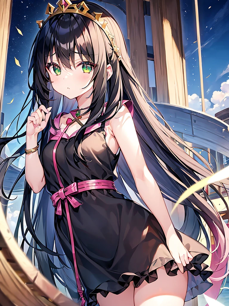 1Girl, black hair、very long hair、girl、green eyes、Big eyes:1.8、shining eyes、droopy eyes、、Sleeveless dresses、(pink、sundresini skirt、hoodie、circlet、princess、cute、baby face、belt、