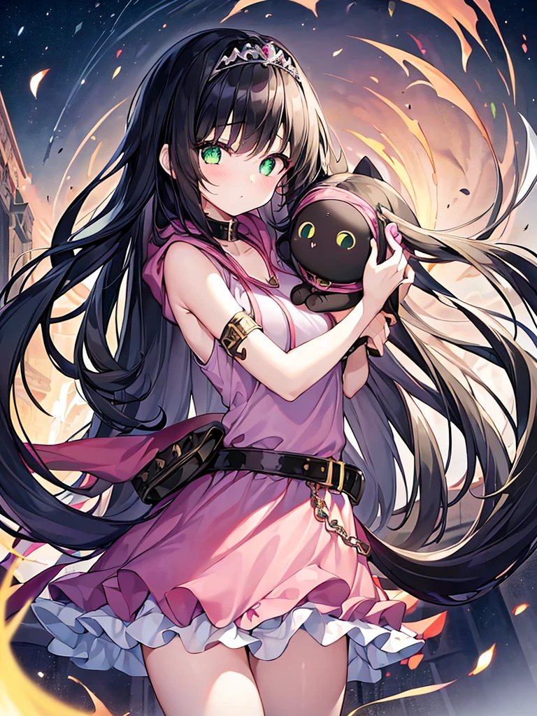 1Girl, black hair、very long hair、girl、green eyes、Big eyes:1.8、shining eyes、droopy eyes、10 years old、Sleeveless dresses、(pink、sundresini skirt、hoodie、circlet、princess、cute、baby face、belt、
