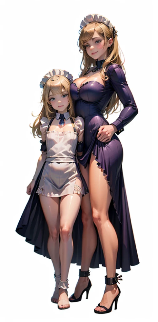 ((White background)) 1mother with daughter showing her asses,barefeet, cute, ((Short black hair girl and long blonde hair girl)), maid victorian, maid apron, straight face, dazed, Body position: Standing, straight, symmetrical, barefoot, smile face, lustful smirking smile face red blushed re cheeks