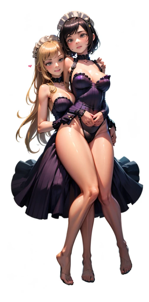 ((White background)) 1mother with daughter showing her asses,barefeet, cute, ((Short black hair girl and long blonde hair girl)), maid victorian, maid apron, straight face, dazed, Body position: Standing, straight, symmetrical, barefoot, smile face, lustful smirking smile face red blushed re cheeks