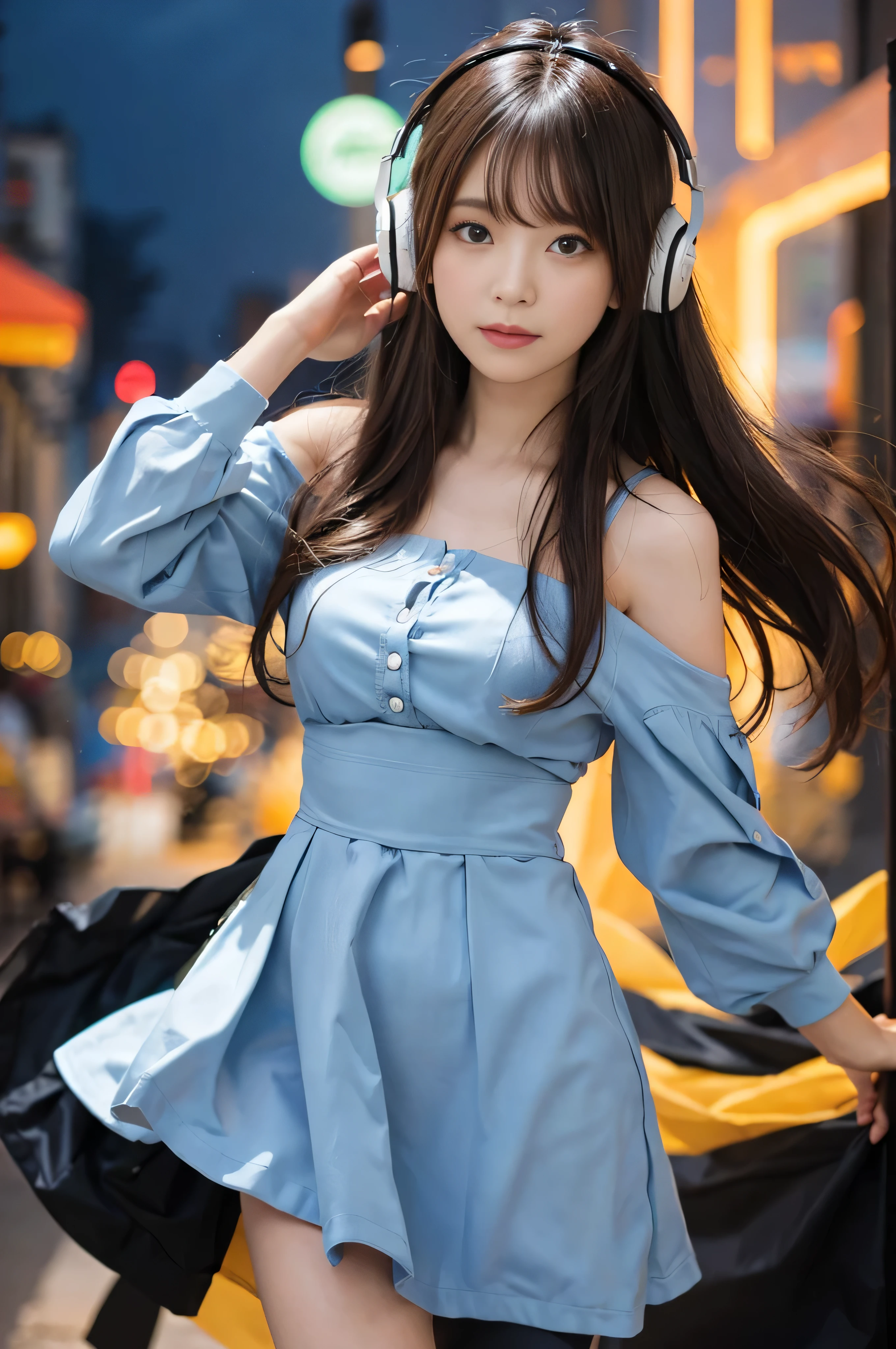 (((RAW image quality:1.4))), highest quality, ultra high resolution, (realistic: 1.4), She wore a long-sleeved dress with a spring-like floral pattern.、photo of active ager, cowboy shot, headphone, random pose、