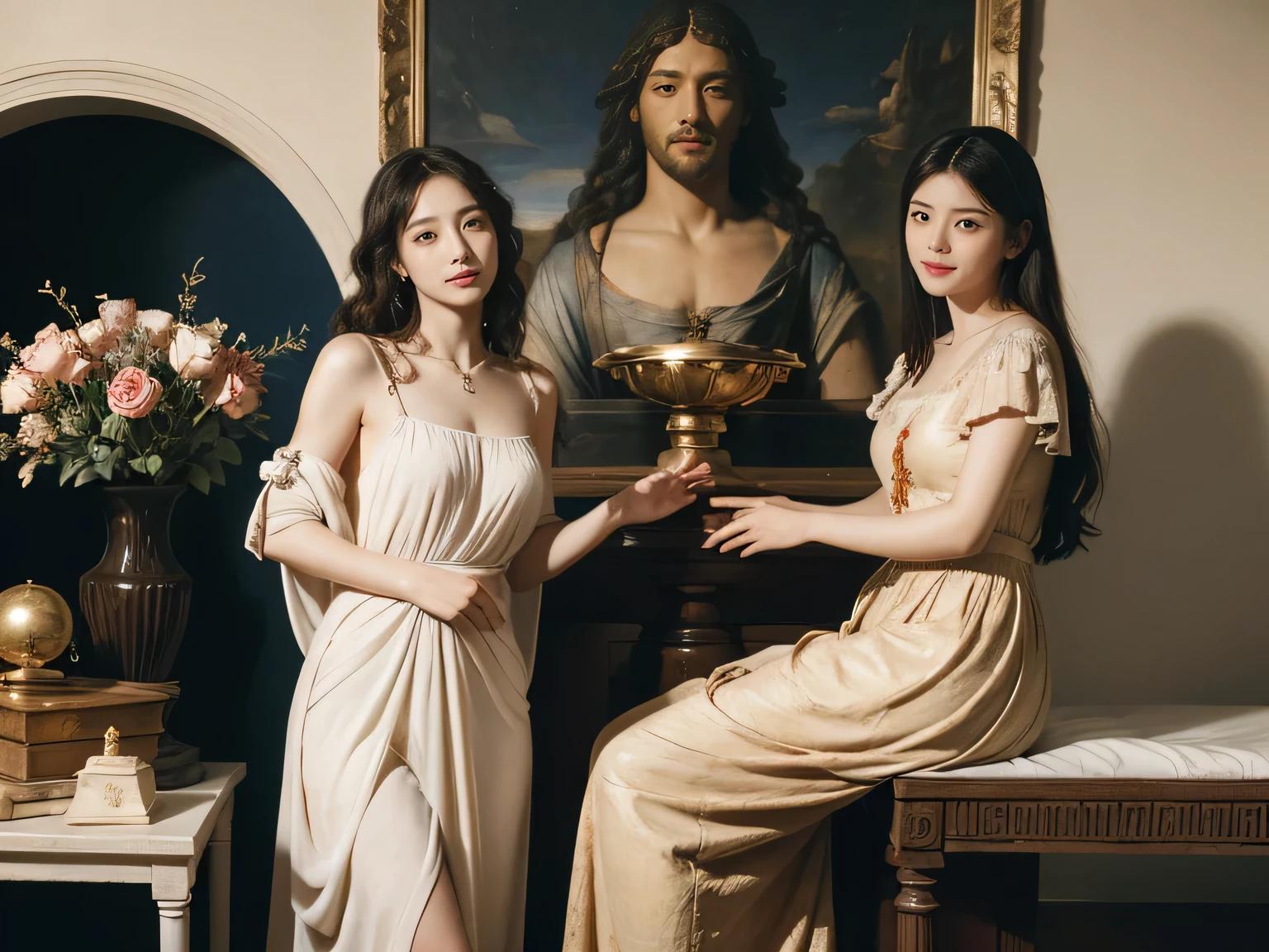 full body portrait or statue、Giorgione painting style,Arguments of two female Philosophe,math、astronomical machine、astronaut、roses in vase、fruits、Cute trinkets、smile、ancient greek costume、Ancient Roman landscape in the style of Nicolas Poussin,laughter,,Sweet and seductive appearance.、Caravaggio's paintings、Chiar