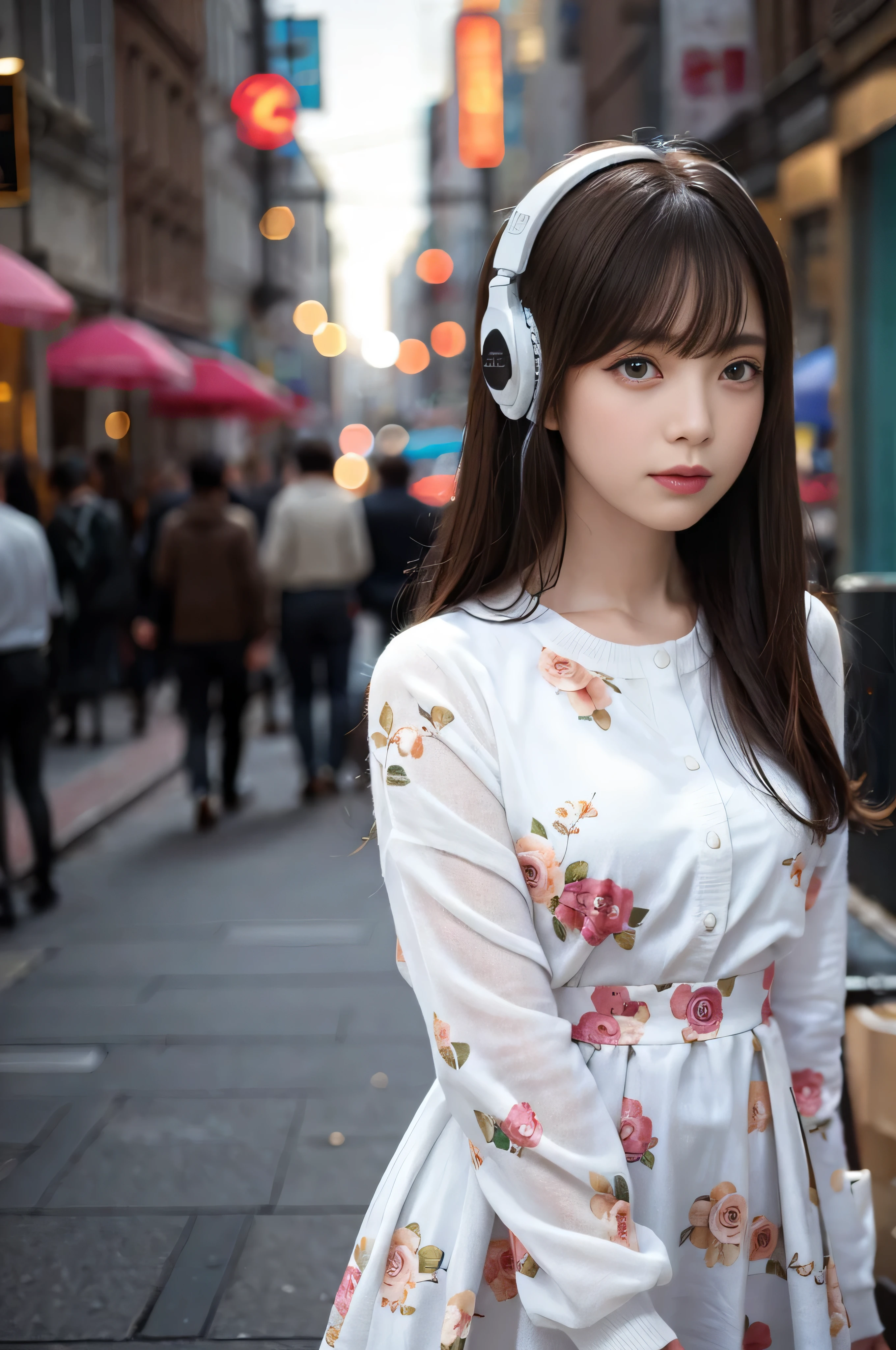 (((RAW image quality:1.4))), highest quality, ultra high resolution, (realistic: 1.4), She wore a long-sleeved dress with a spring-like floral pattern.、photo of active teenager, cowboy shot, headphone, random pose、