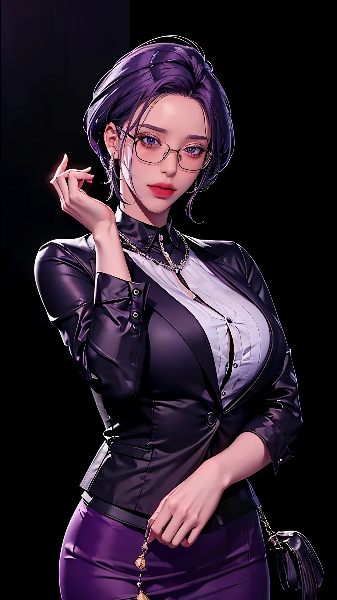 （（（完美figure，figure，suit， gray shirt，hip-covering skirt（（（JMT,Glasses,purple hair,short hair,purple eyes,MiJungdef，purple eyes，purple hair，medium hair，）））型figure:1.7））），((masterpiece)),high resolution, ((Best quality at best))，masterpiece，quality，Best quality，（（（ Exquisite facial features，looking at the audience,There is light in the eyes，Happy，lol））），（（（Interlacing of light and shadow，huge boobs））），（（（looking into camera，black background)）））