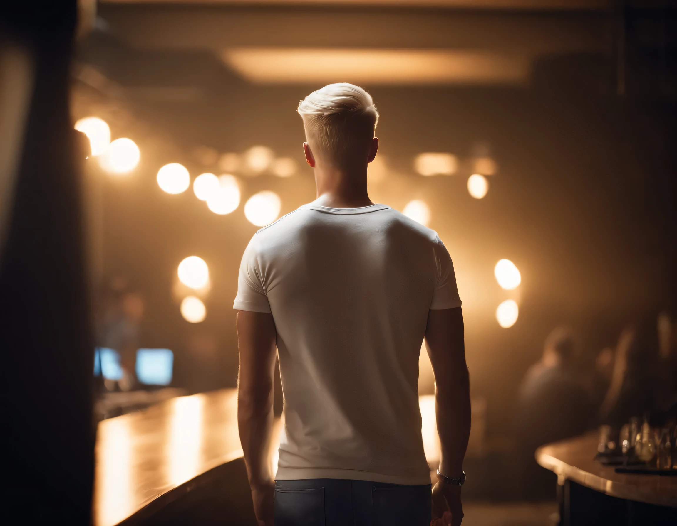 Realistic handsome man , (blond), With short hair, from the back, Against the backdrop of a nightclub, in a white T-shirt and jeans pants, high quality, (Best quality:1.6) detailed, hyperrealistic, Raw Style, bulk dust particles, digital photography, variable depth of field, wide viewing angle, cinematic lighting,(perfect eye detail:1.2), computer graphics, 32 K