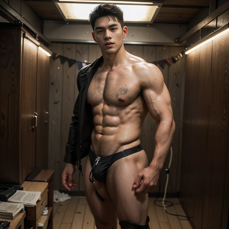 ung handsome guy,20-25 years old,Police Department,With a gun,Handsome,musculous,Thin muscles,hairy bodies, (Fine eye 1:3),Black eyes,full bodyesbian,full bodyesbian ,epic realism, epic photorealistic , puffy nipples , swollen nipples ,sexy , eroticism , (only wearing strings thongs) , full length shot(fls) , NSFW , bare chest , thick fat booty , thick hips , thick thighs , fat buttocks , (nude , naked)