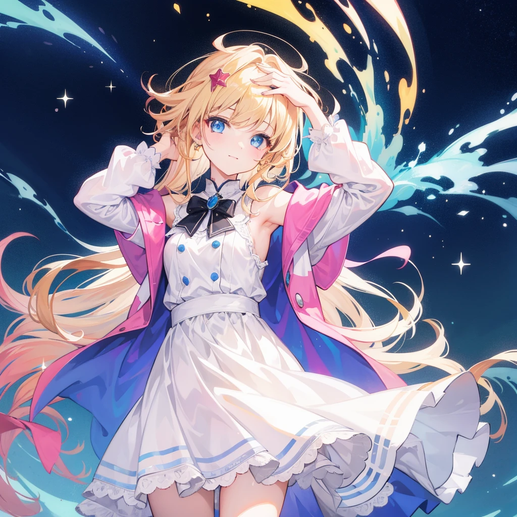 (((1 girl))), colorful beige hair strokes, shiny hair、pink and light blue inner color、shortcut、light blue eyes, cute clothes、(((((put your hand on your head)))))、Show your side、 smile、lots of details, Medium chest, look at the audience, under the starry sea、