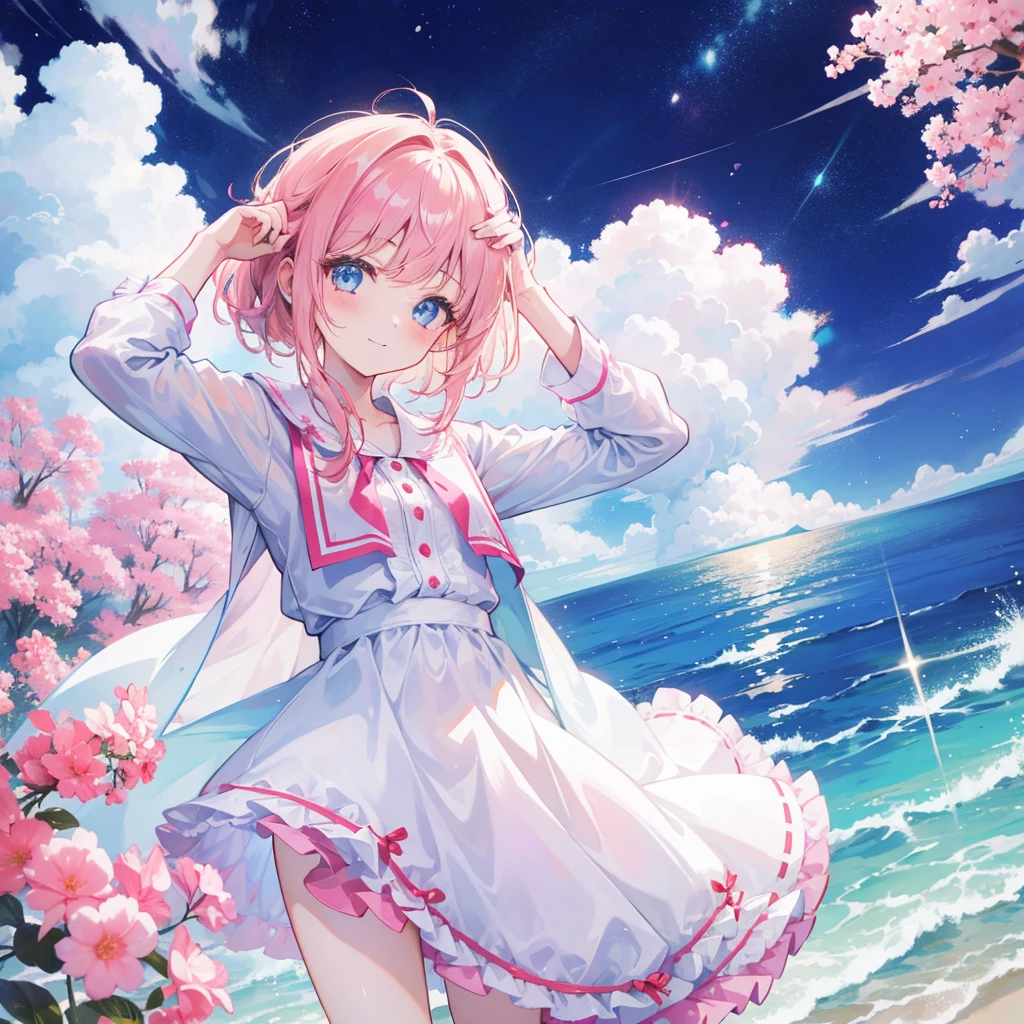 (((1 girl))), colorful beige hair strokes, shiny hair、pink and light blue inner color、shortcut、light blue eyes, cute clothes、(((((put your hand on your head)))))、Show your side、 smile、lots of details, Medium chest, look at the audience, under the starry sea、