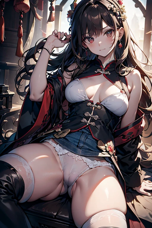 Best Quality, masutepiece, ultra-detailhigh-resolution, (Realistic: 1.4), Watercolor style, Illustration, moody background color,, Skinny Girl, (solo exhibition: 1.2), (denim lens: 1.2), (Hair crown: 1.2), (dark brown hair,Traditional Chinese Dunhuang costumes, No strap, (Red Eyeliner: 1.2), (: 1.4), (Accurate Hand Modeling),earrings, Dynamic Angle, Opera House, Messy_long_hair, inky, movie lights, lens_f lare, velvet, chrysanthemums, tassels, bow ribbon, Color embroidery,long boots,Photograph the whole body,sit in a chair and relax,Holding a sword in his right hand,Traditional bra top on the upper body,Open your crotch to show your panties、White underwear,The happiness of the skirt comes out,Show me your panties with a confused look,open one's legs(Opening legs),Touching the crotch with your fingers