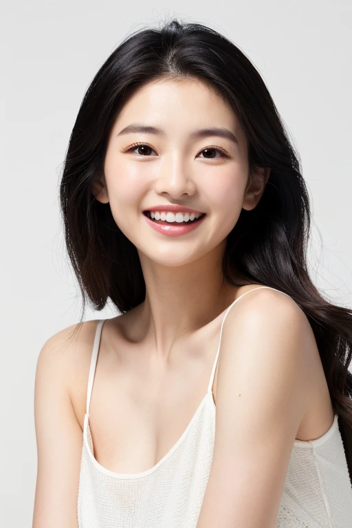 ((best quality)), ((masterpiece)), (detailed), perfect face、transparent skin、glowing skin、smile with visible teeth、natural smile、long black hair、white background、white camisole dress、20modern women、small breasts、
