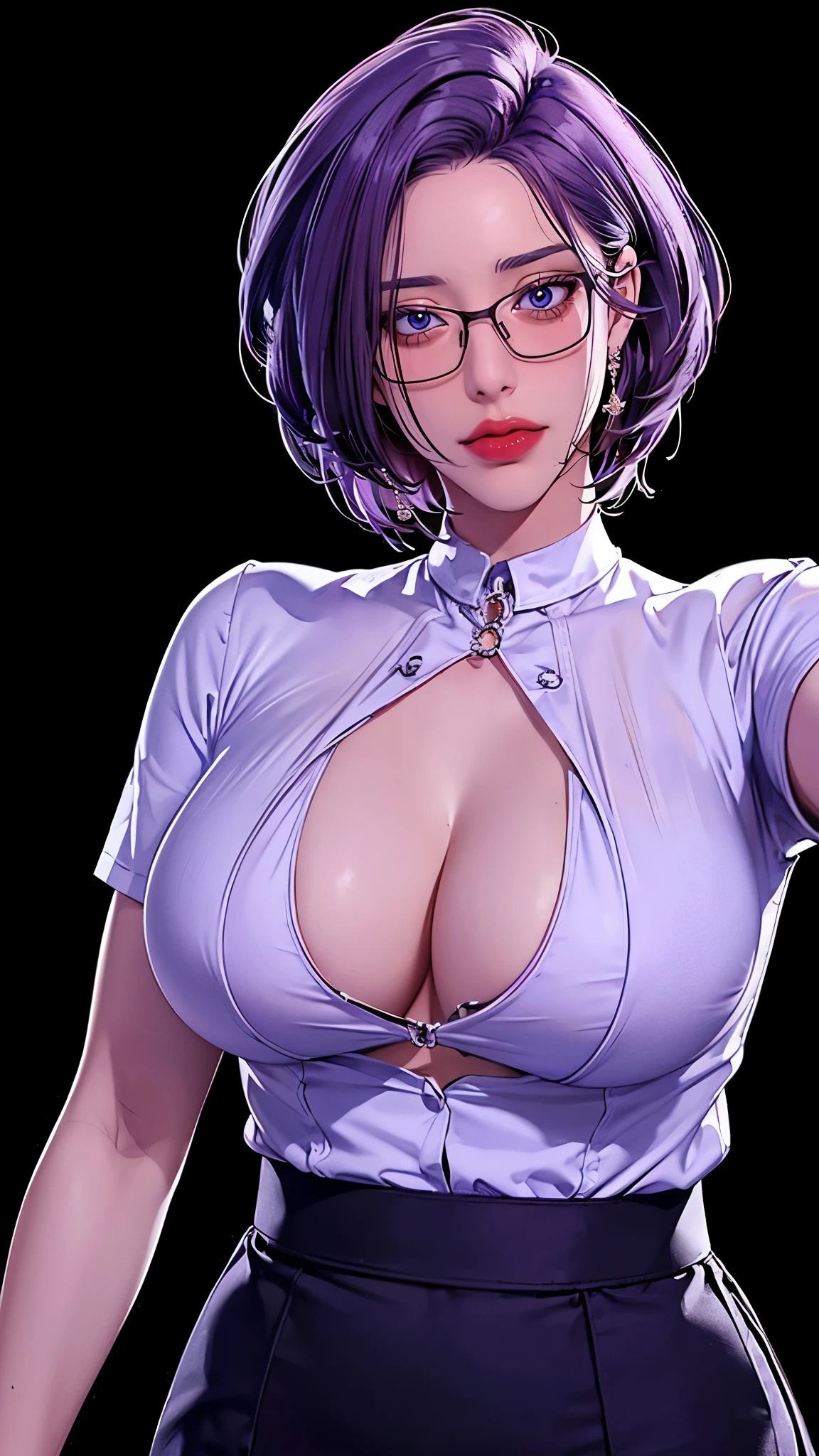 （（（完美figure，figure，suit， gray shirt，hip-covering skirt（（（JMT,Glasses,purple hair,short hair,purple eyes,MiJungdef，purple eyes，purple hair，medium hair，）））型figure:1.7））），((masterpiece)),high resolution, ((Best quality at best))，masterpiece，quality，Best quality，（（（ Exquisite facial features，looking at the audience,There is light in the eyes，Happy，nterlacing of light and shadow，huge boobs））），（（（looking into camera，black background)）））