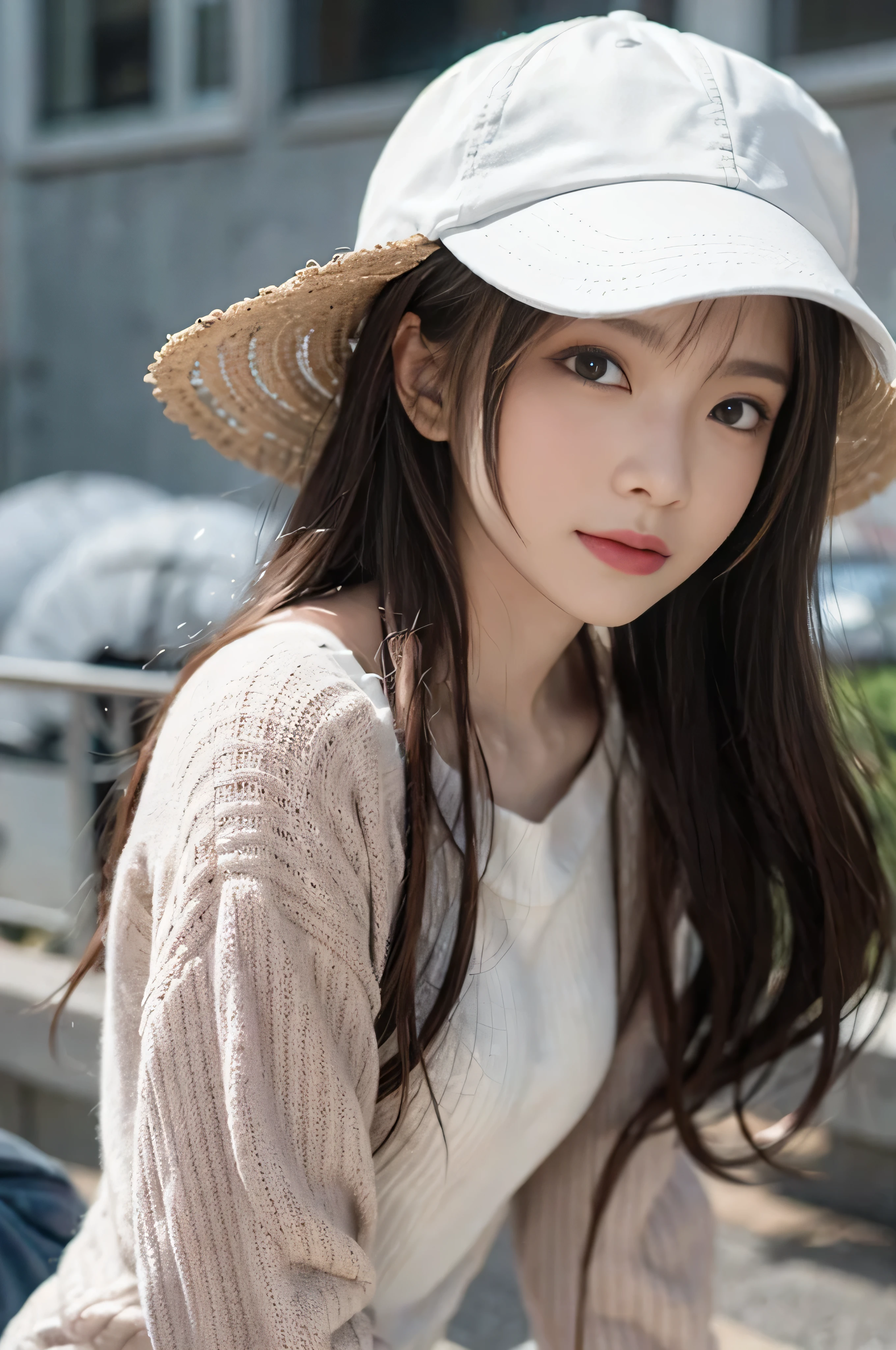 (((RAW image quality:1.4))), highest quality, ultra high resolution, (realistic: 1.4), She wore a long-sleeved dress in spring-like pastel colors.、photo of active ager, cowboy shot, baseball cap, random pose、
