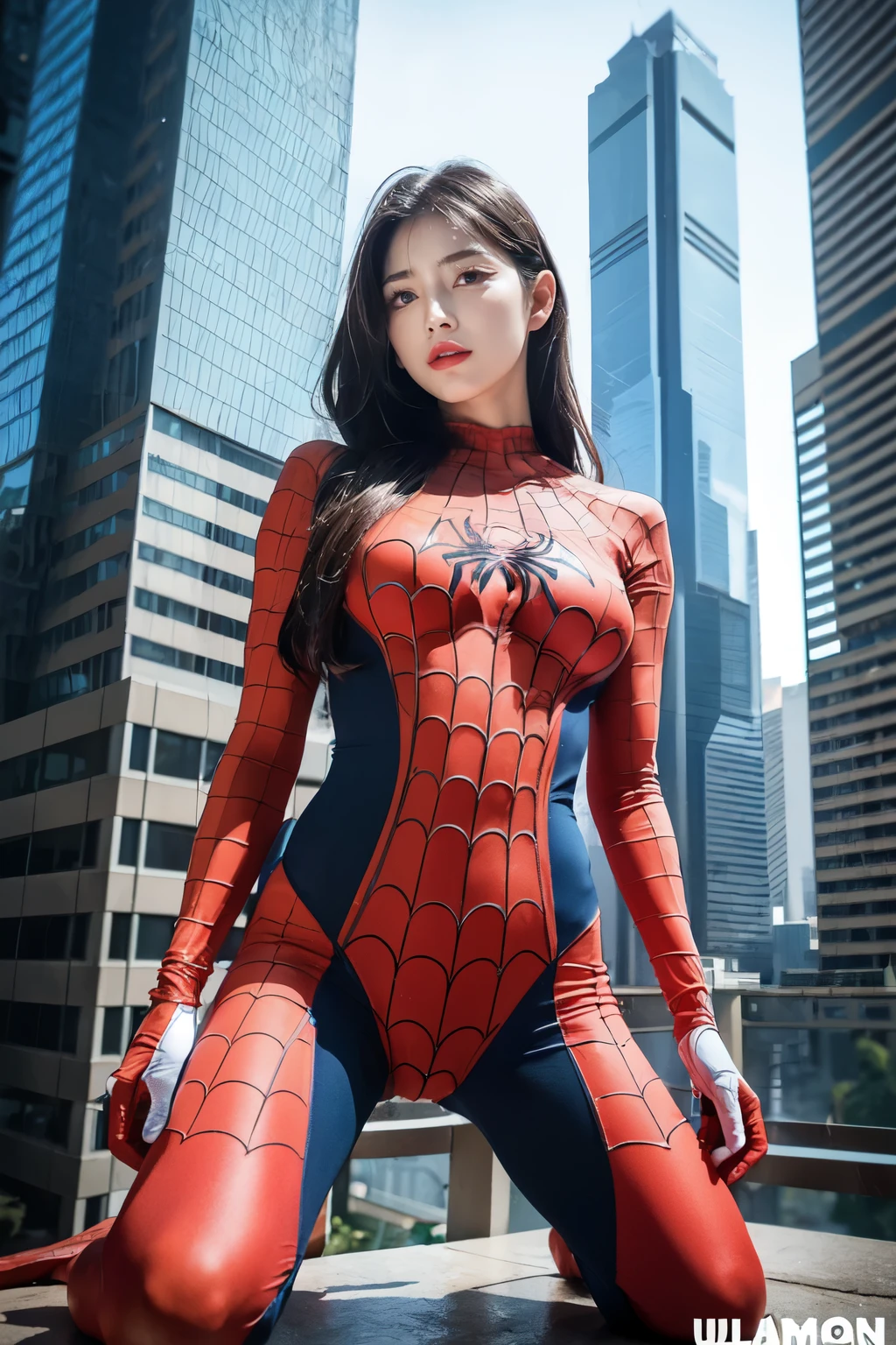 (best quality,ultra-detailed,realistic:1.37), digital illustration, (sexy woman wearing a Spiderman costume), detailed eyes and face, beautiful detailed lips, sexy body, big breasts,long eyelashes, big breasts:1.3, Close-up photo, Sexy woman wearing a Spiderman costume, long hair, ((Take a photo from below the thigh)),vibrant colors, dramatic lighting, comic book style, Sexy woman wearing a Spiderman costume, seductive pose, skyscraper background, view dark sky, tall buildings, (Undressing nude), show your pussy, show your pussy, show your pussy, nude pussy