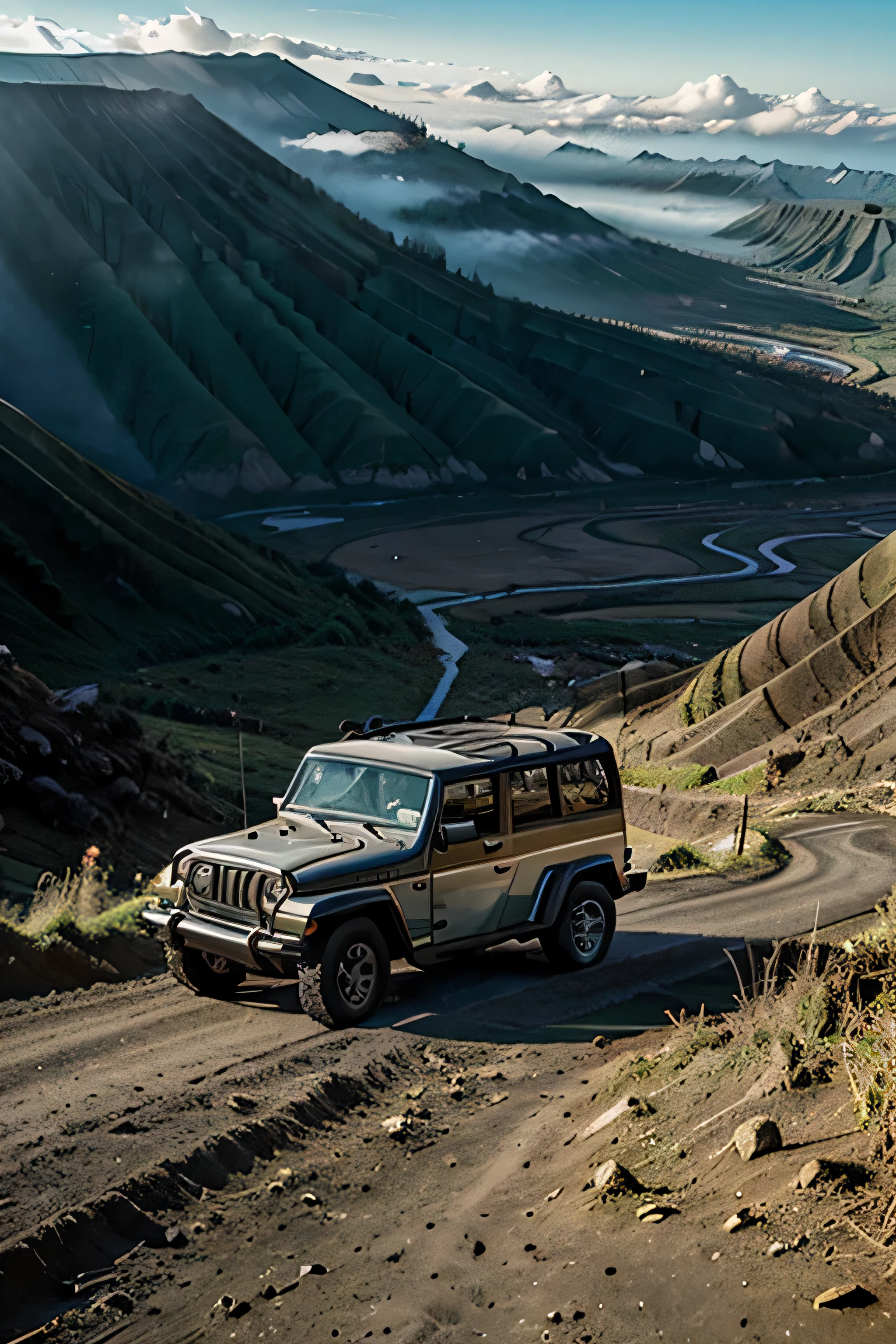 80'S jeep car, bromo mountain landscape, god rays, long shot